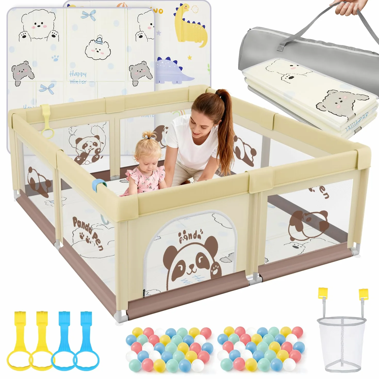 Box Bambini 120x120 con Tappeto, Panda Beige, Tessuto Oxford, Sicurezza Antiscivolo