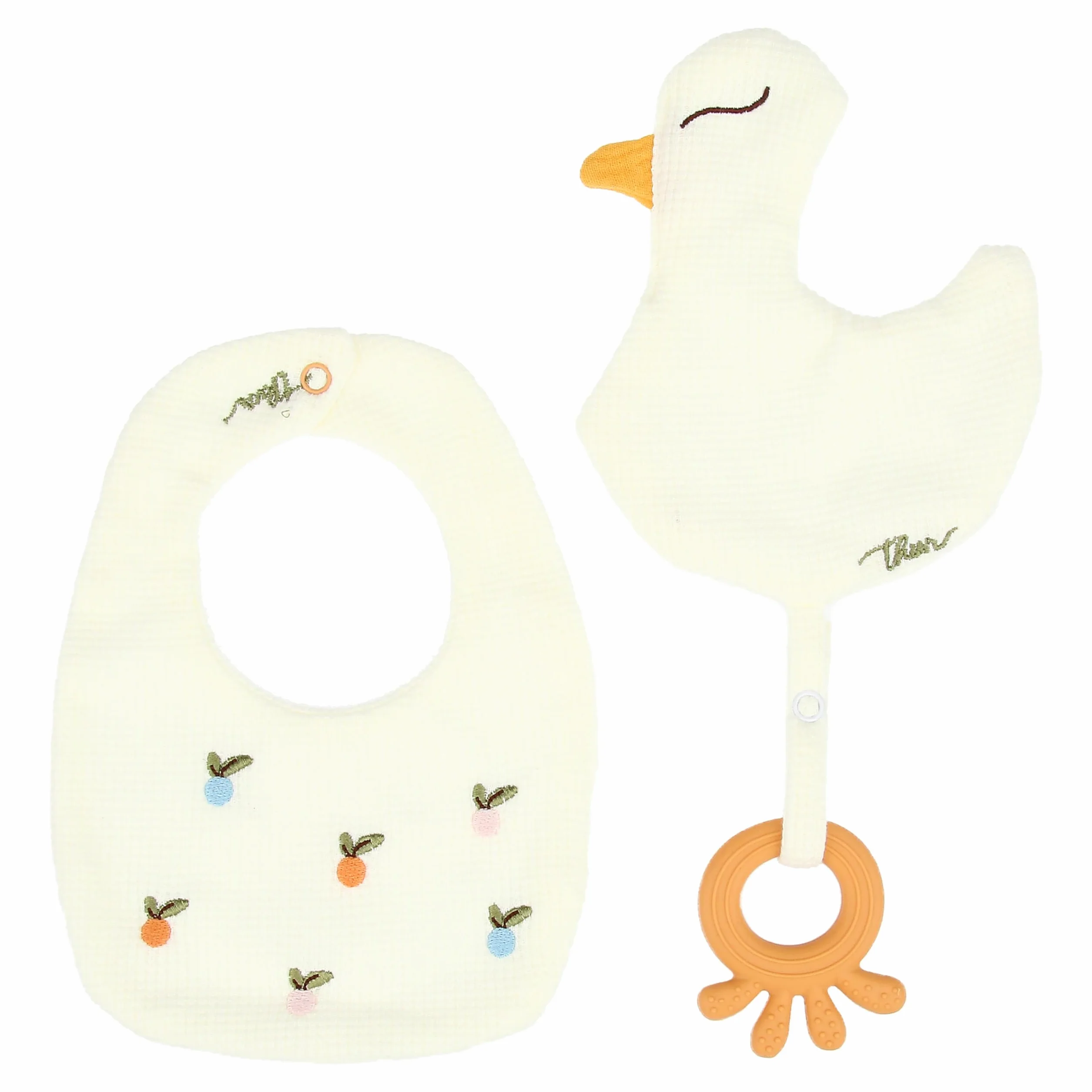 THUN Set 2 bavaglini e accessorio dentizione tessuto silicone Baby Dolce Fattoria 15x18,5 cm 17x26 cm