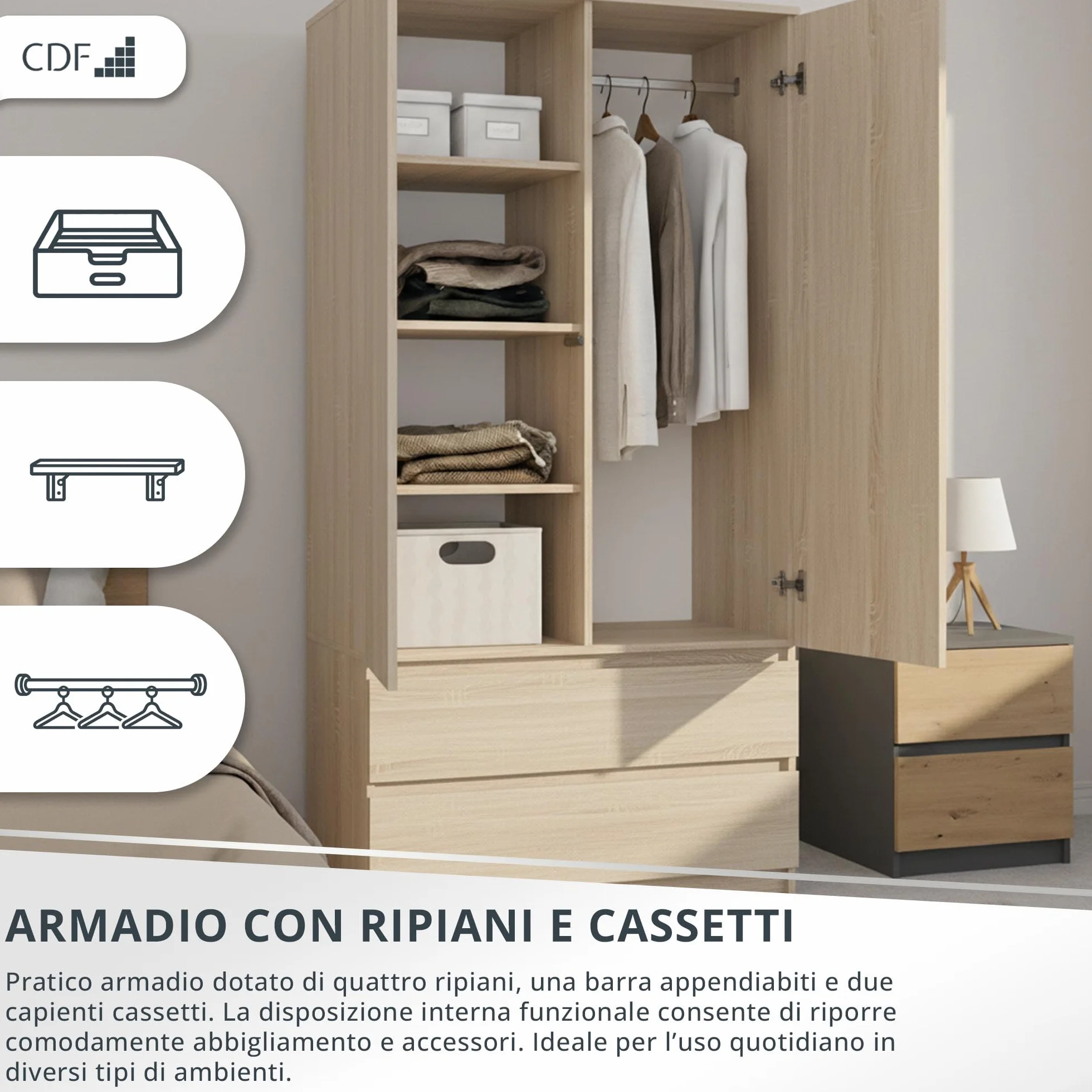 CDF Armadio Camera da Letto 90 cm 2 Ante 2 Cassetti Rovere Sonoma