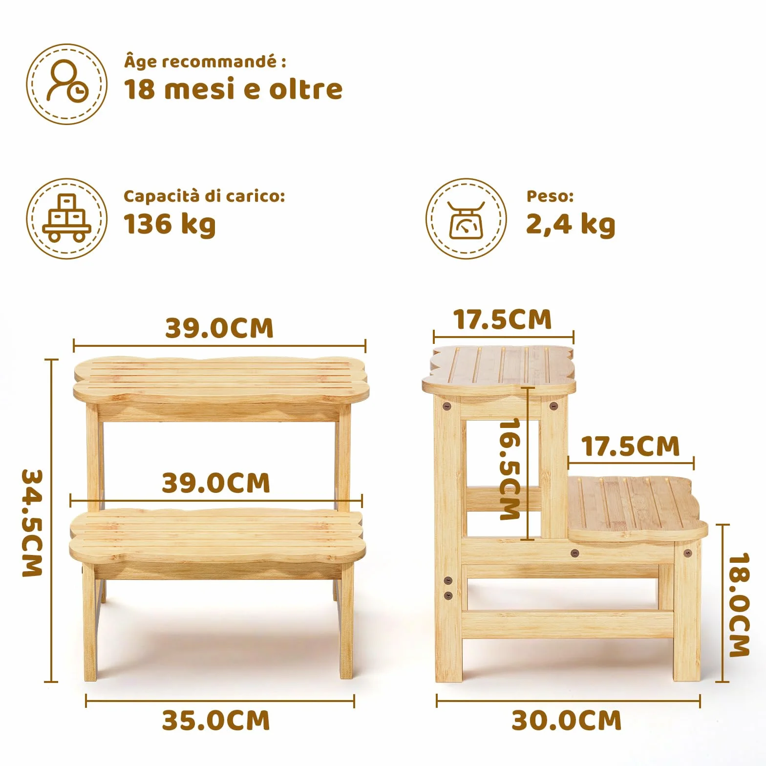 COSYLAND Sgabello Bagno Bambini in Bambù a 2 Gradini Antiscivolo Fino a 136 kg Naturale