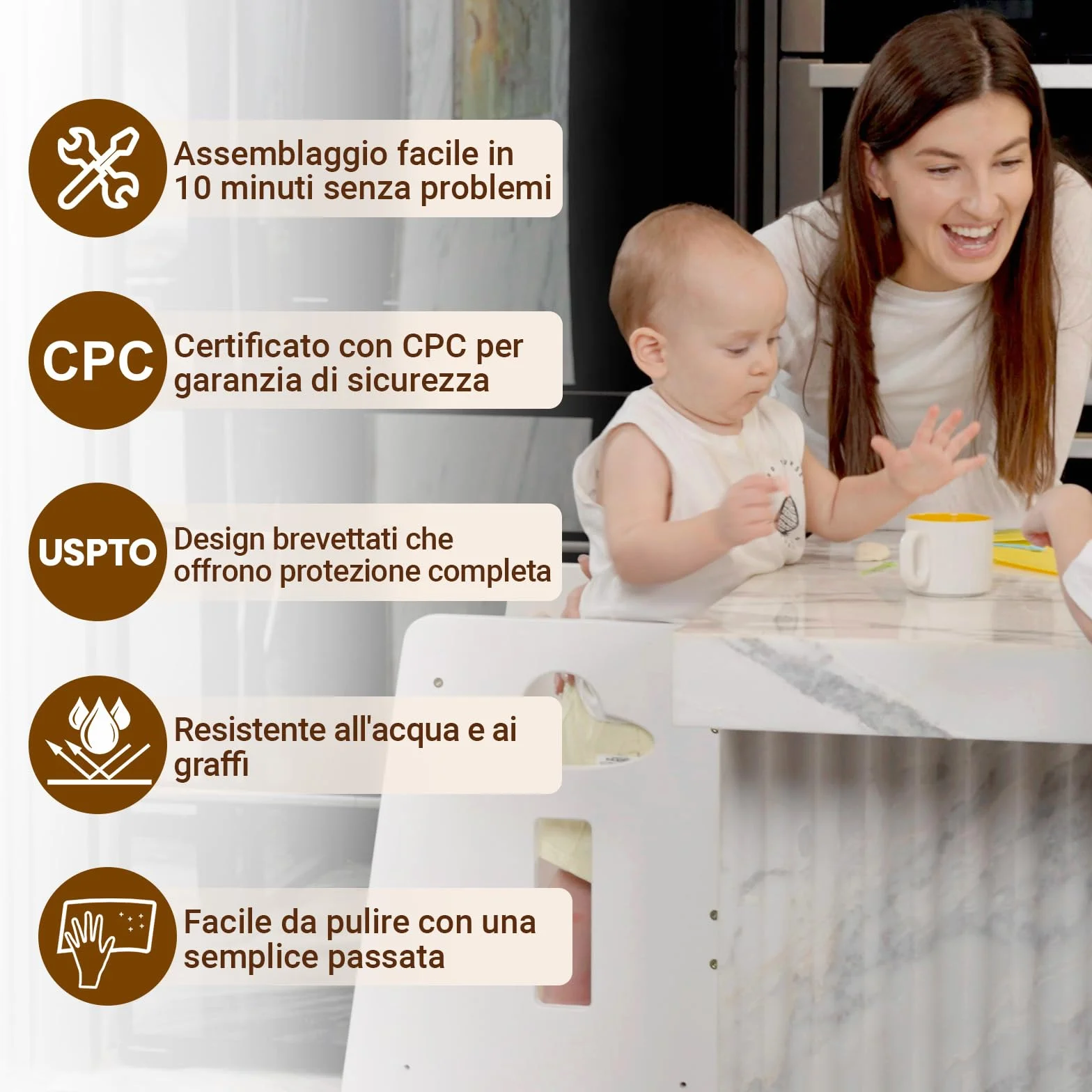 COSYLAND Torre Montessoriana Bambini 1 Anno – Torretta Montessoriana Legno Spesso Regolabile 3 Altezze Bianco Classico Naturale