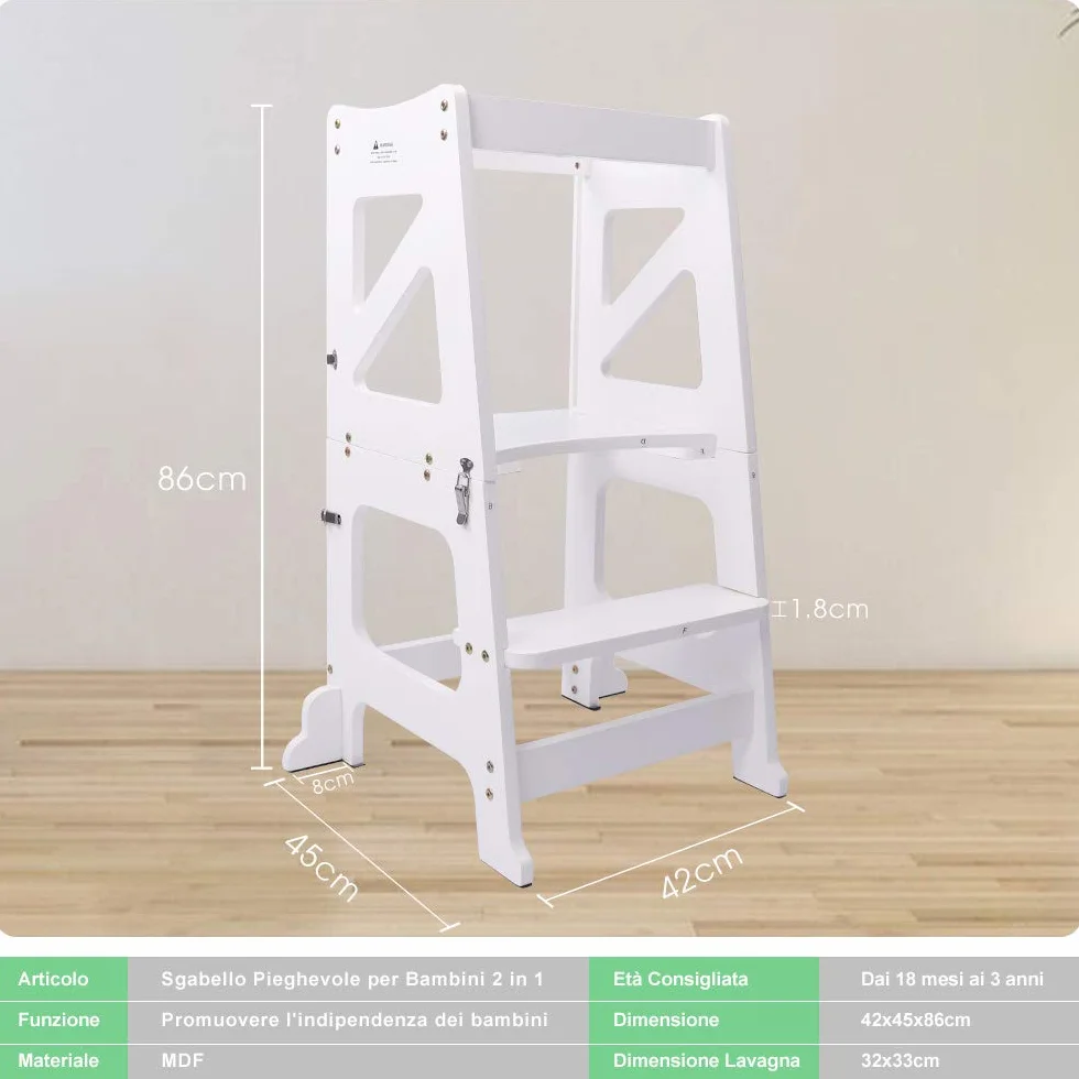 YOLEO Torre Montessoriana Bambini 3 in 1 Pieghevole Multifunzionale Learning Tower con Lavagna Magnetica Bifacciale Bianco