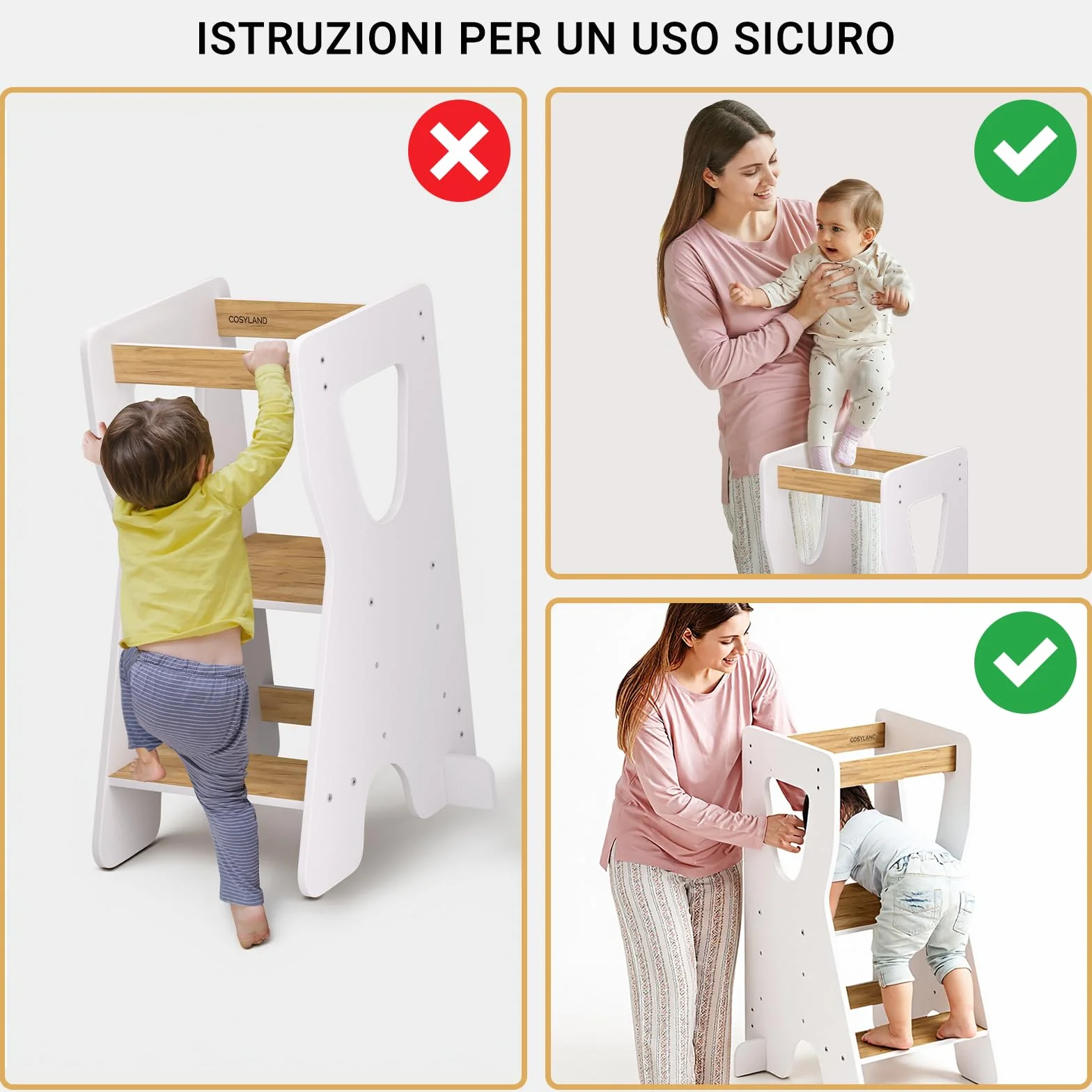 COSYLAND Torre Montessoriana Bambini Legno Naturale 3 Altezze Regolabili Bianco e Naturale