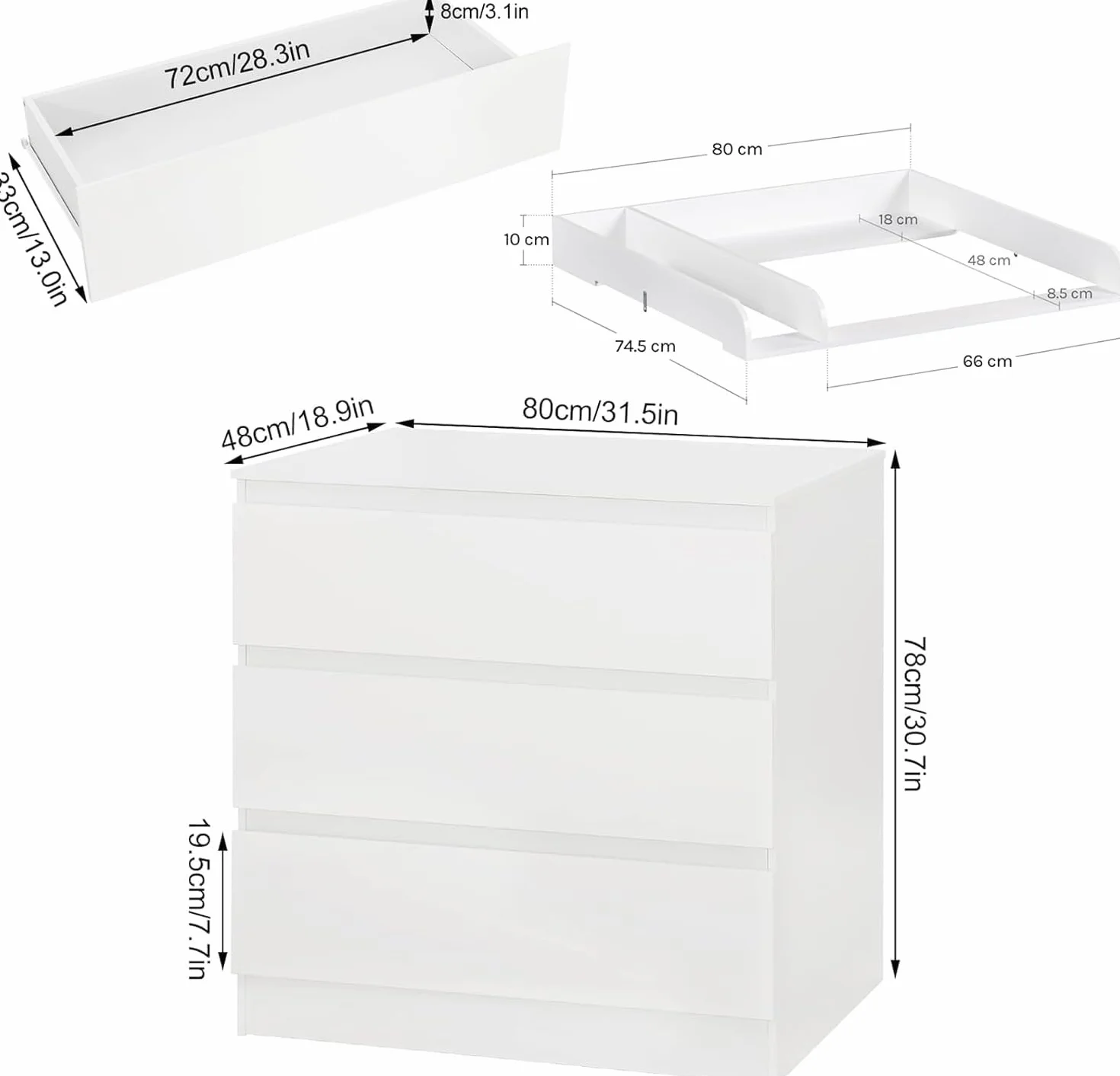 WOLTU Cassettiera con Fasciatoio per Bambini, 3 Cassetti, MDF, Truciolare e Metallo, Bianco + Bianco Lucido