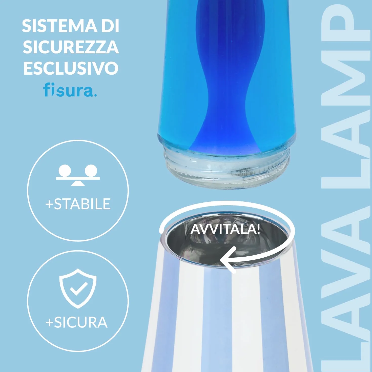 Fisura – Lampe à lave bleue. Lampe décorative relaxante au design original pour maison ou bureau, base à rayures, liquide et lave bleus, ampoule de rechange incluse, 11 x 11 x 39,5 cm