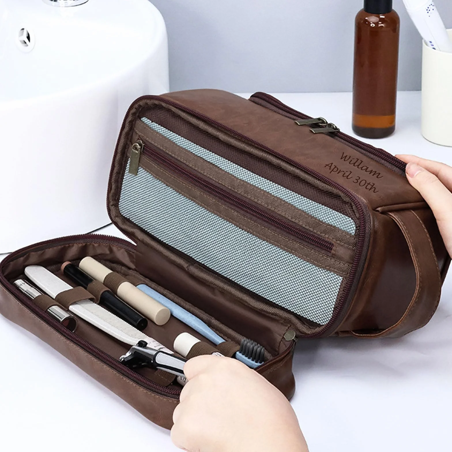 Borsa da toilette personalizzata in pelle per uomo, viaggio, barba, regalo per fidanzato marito papà