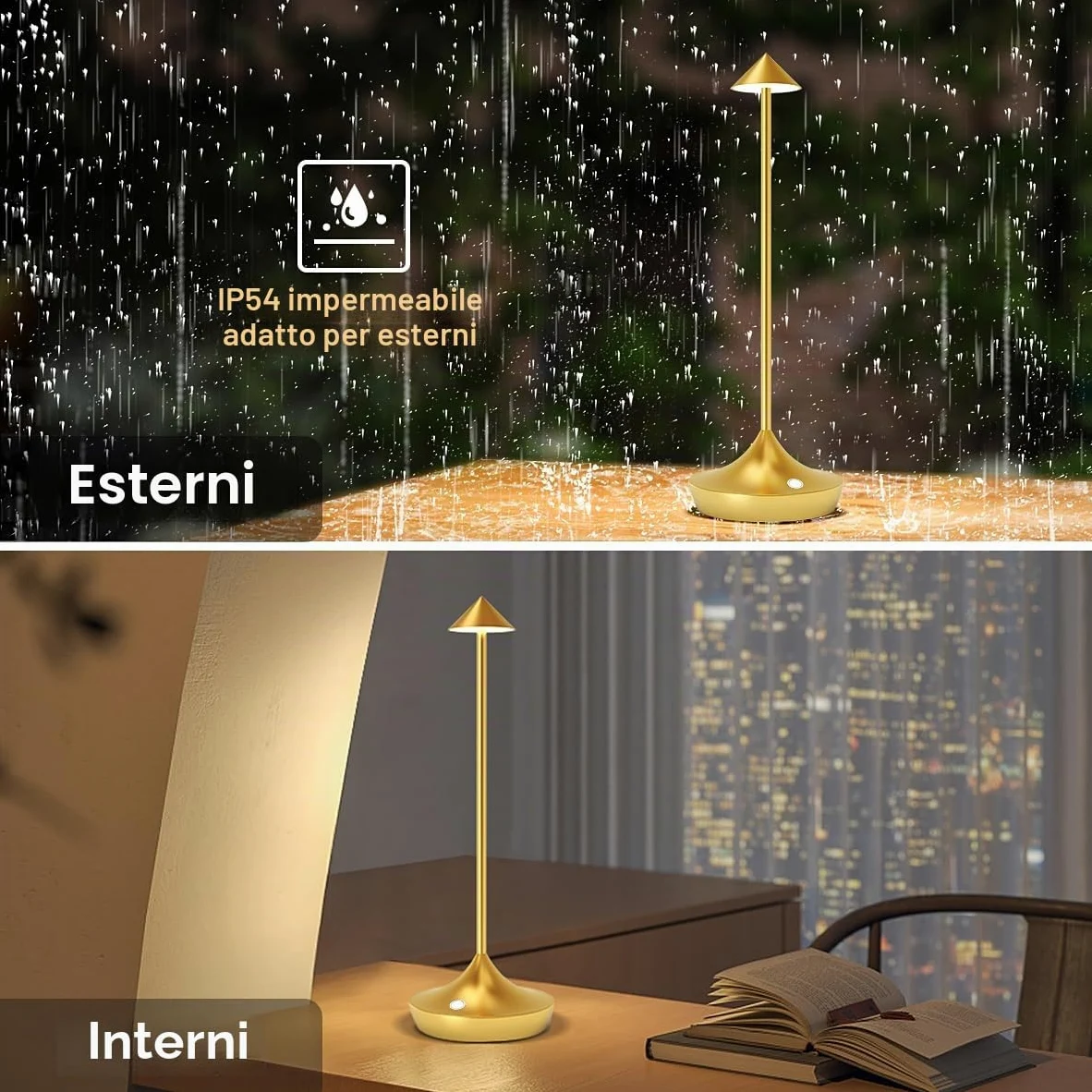 Lampada da Tavolo Senza Fili, Moslumin 6000mAh Ricaricabile LED Lampada da Comodino USB, Impermeabile, Alta qualità in Alluminio, Dimmerabile, Luce Batteria per Scrivania Esterno Ristorante (Oro)