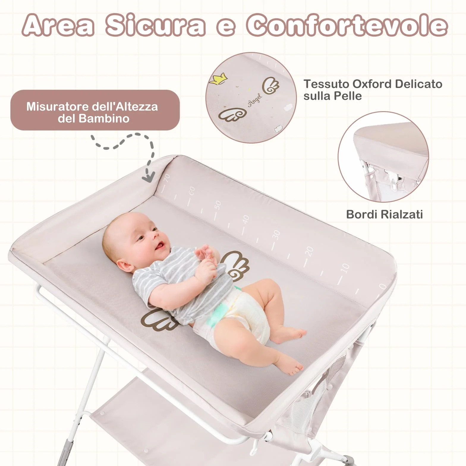 COSTWAY Fasciatoio Pieghevole per Bambini, Altezza Regolabile 3 Livelli, Ruote Bloccabili, Beige