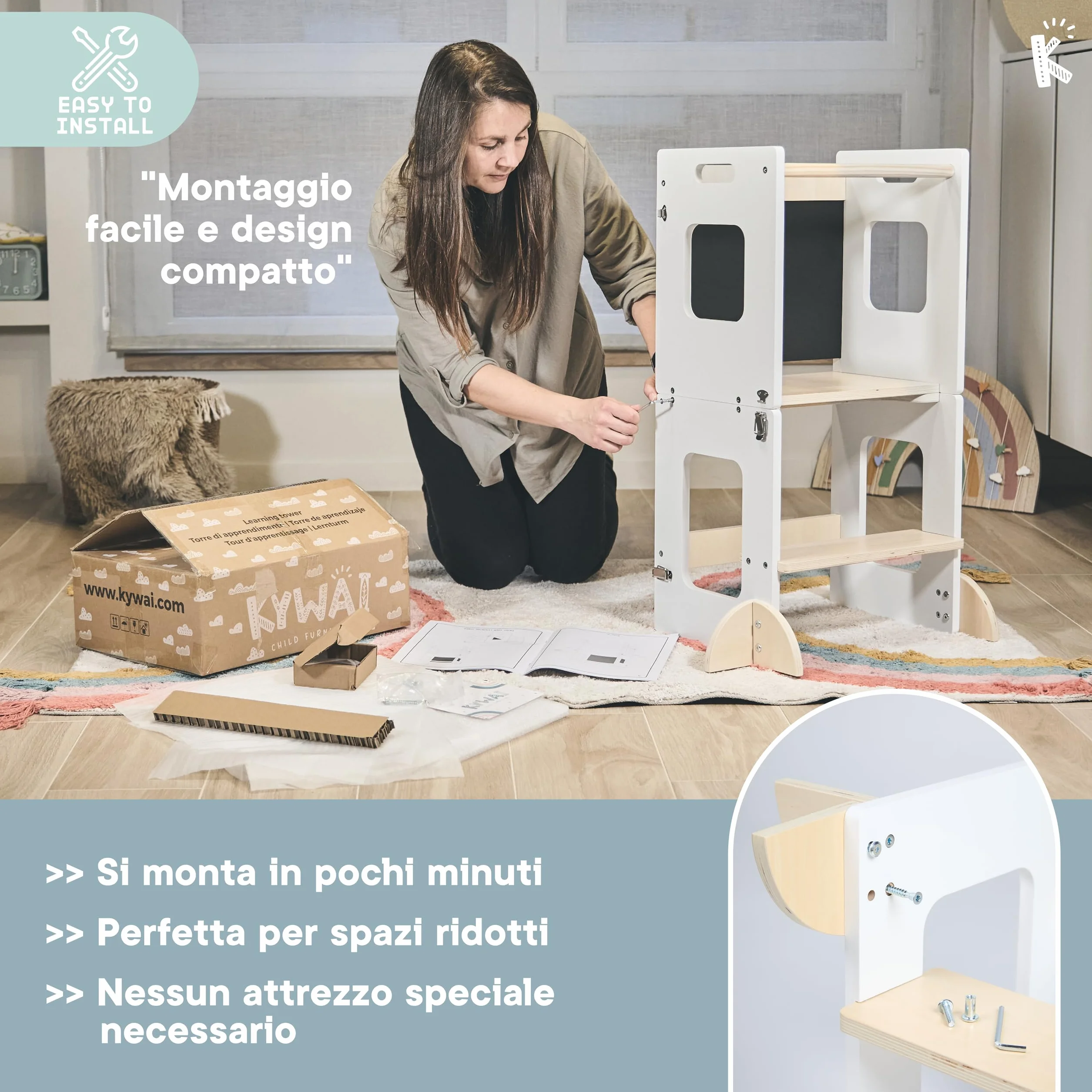 Torre Montessoriana Bambini 3 in 1 con Lavagna e Gambe di Sicurezza Scrivania Pieghevole Legno Sostenibile