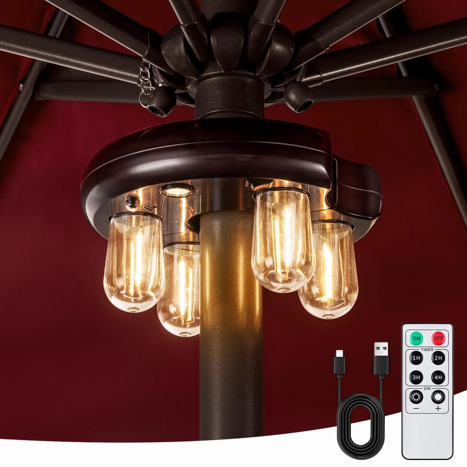 Luce per ombrellone da patio con telecomando, ricaricabile senza fili, luce per palo con lampadine LED Edison a 10 livelli di luminosità per giardino, patio, cortile, campeggio o barbecue
