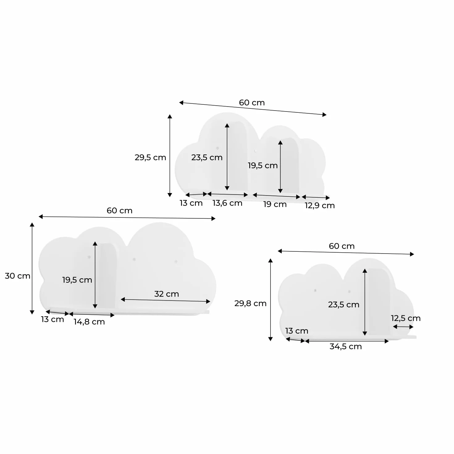 Sweeek Mensole da Parete Nuvole per Cameretta Bambini, Set di 3, Bianco, 34.5x12x23.5 cm
