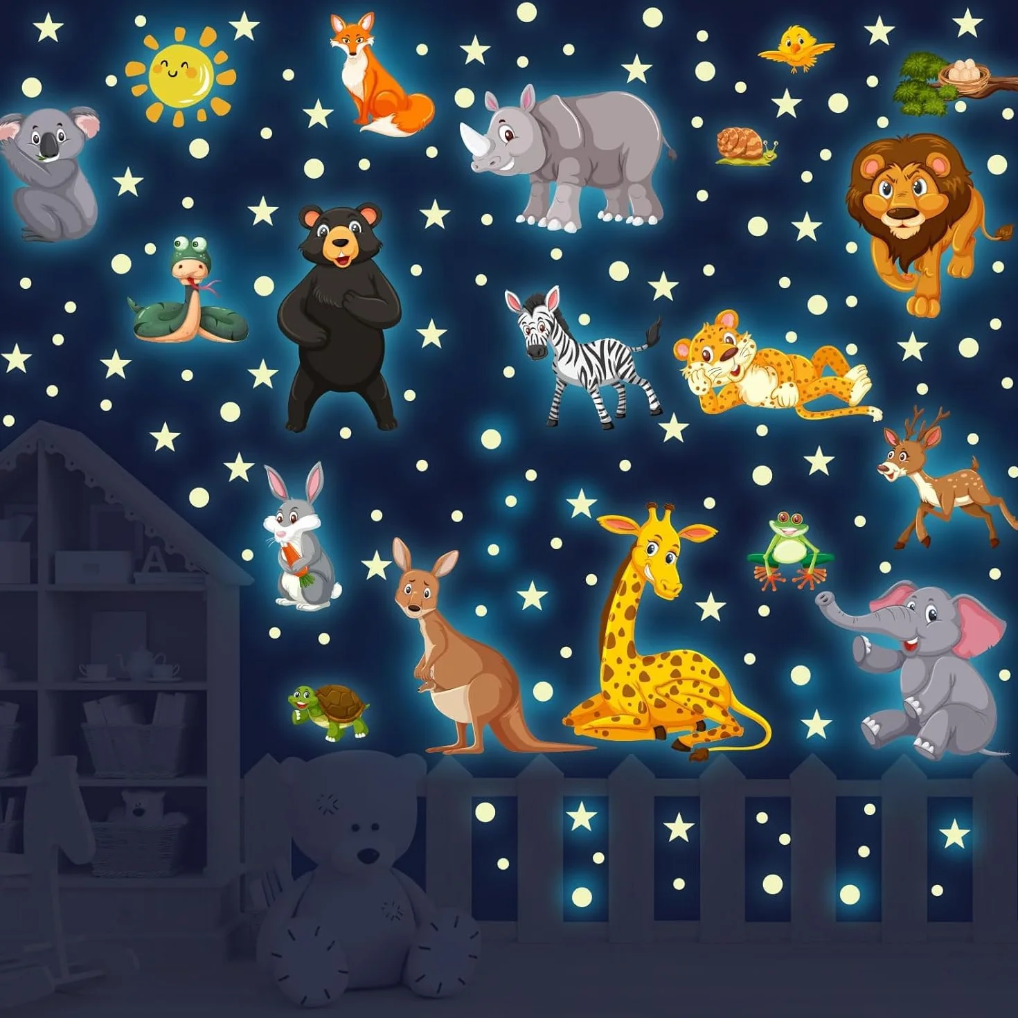 Adesivi da Parete Fluorescenti Animali Giungla Stickers Muro Luminoso Safari Elefante Leone Decorazioni Camera Bambini Verde