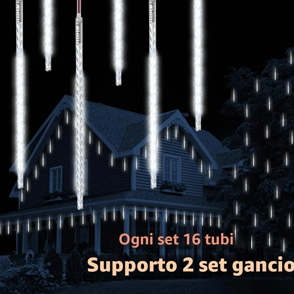 Luci di Natale all'aperto, Pioggia di Meteoriti Luminosi 16 Tubi Spiralati (50cm 864 LEDs) Lunghezza di 5,25m, Luci ghiacciolo impermeabili per Decorazioni natalizie all'aperto, Bianco