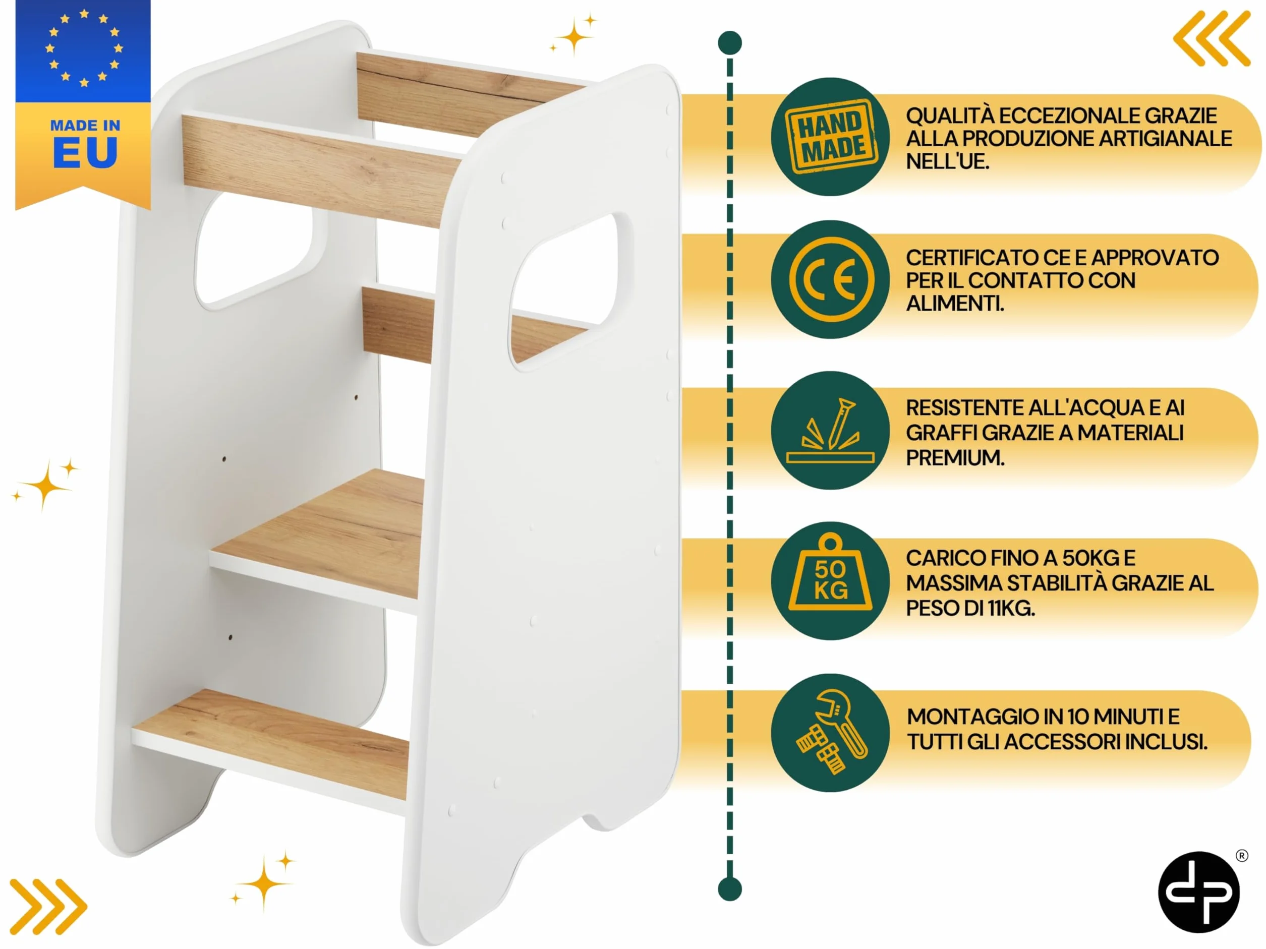 Torre Montessoriana bambini 1 anno Altezza regolabile 3 livelli Sgabello cucina Learning tower Bianco & Rovere
