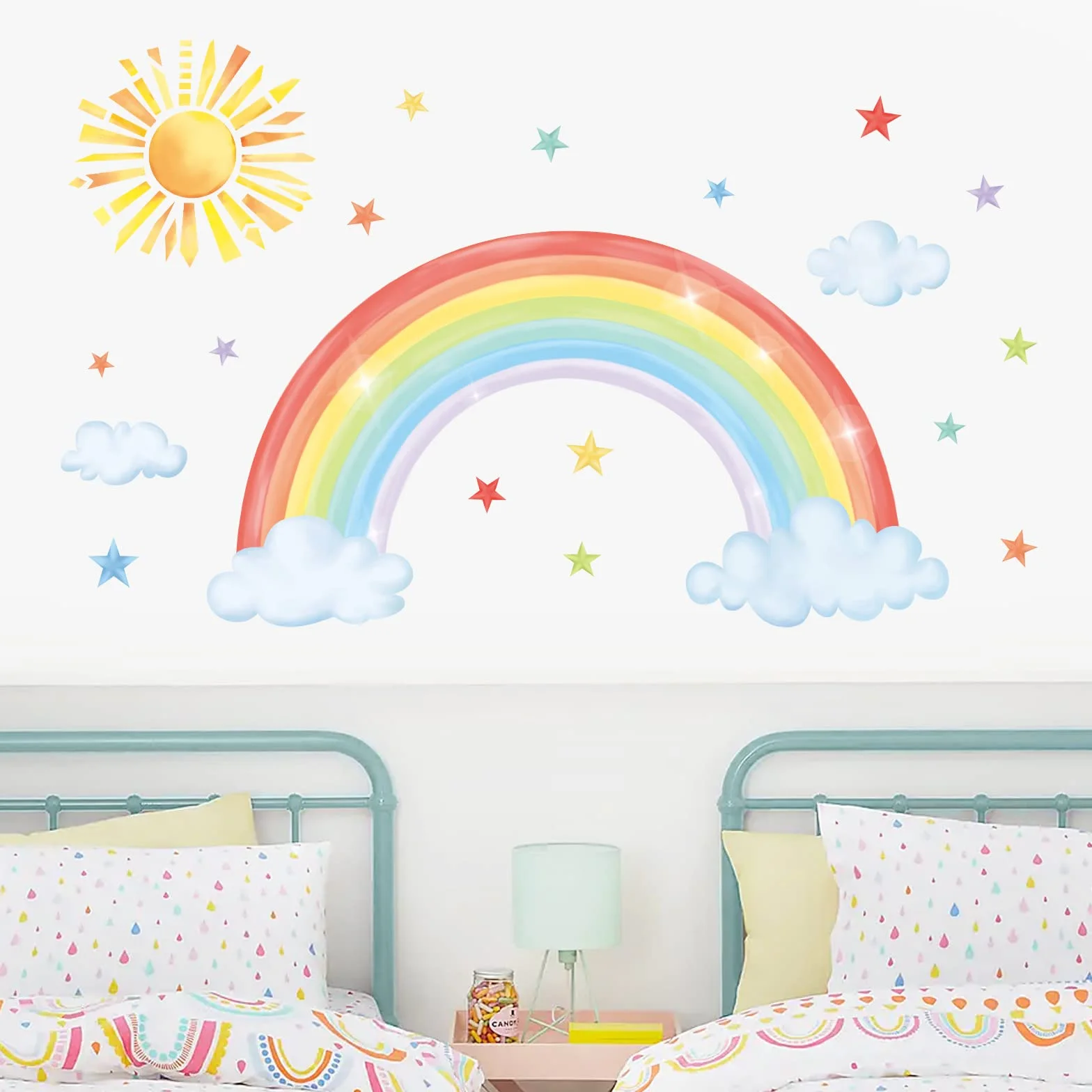 Decalmile Adesivi Murali Arcobaleno Grande Adesivi da Parete Sole Nube Stella Decorazione Murale