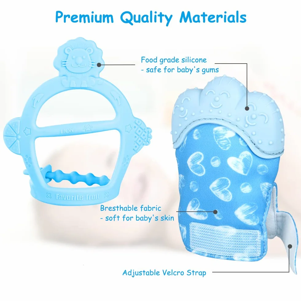 Vicloon Dentizione Mitten Confezione da 2 Guanto Dentizione Bambini Silicone BPA Free Blu