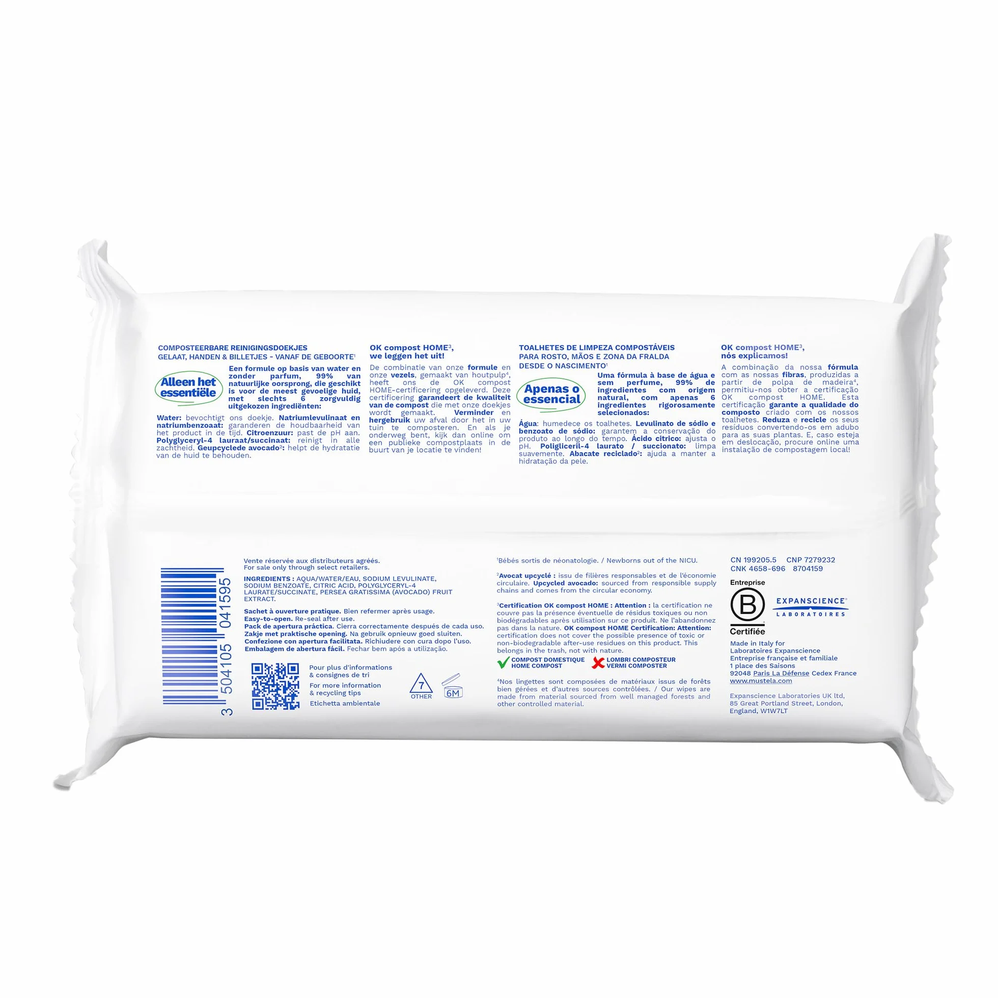 Mustela Salviette Cambio Pannolino Compostabili Senza Profumo 100% Fibre Lyocell 60 Pezzi
