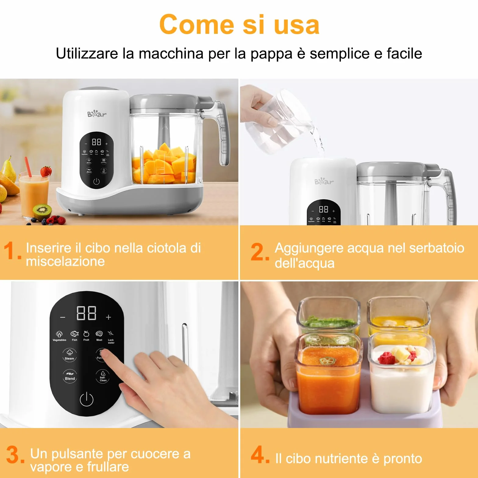 Cuocipappa Multifunzione 7 in 1 per Bebè, Mixer Automatico con Autopulente e Touchscreen