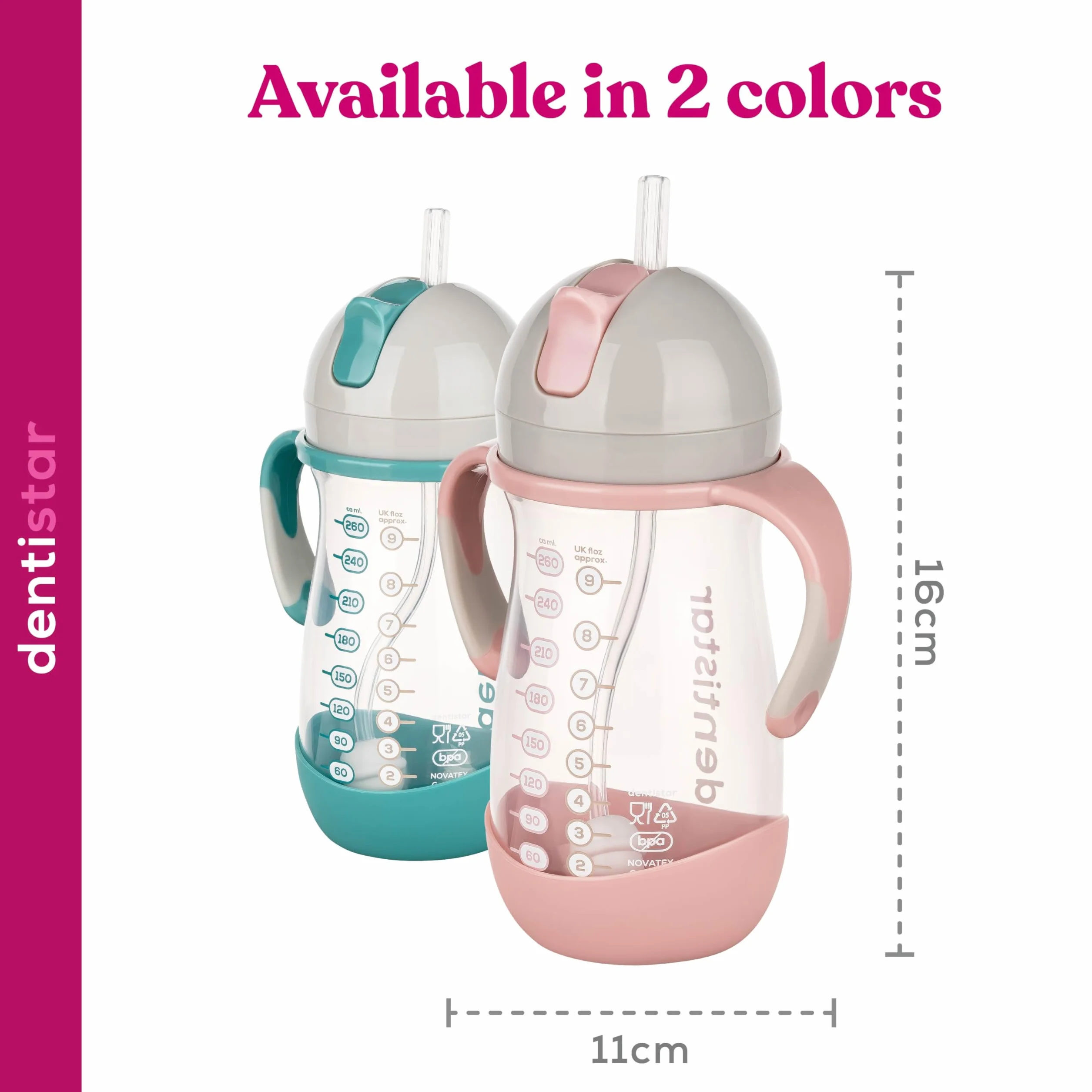 Dentistar Tazza bambini 260 ml Bicchiere antigoccia con cannuccia dinamica e manici Senza BPA Menta