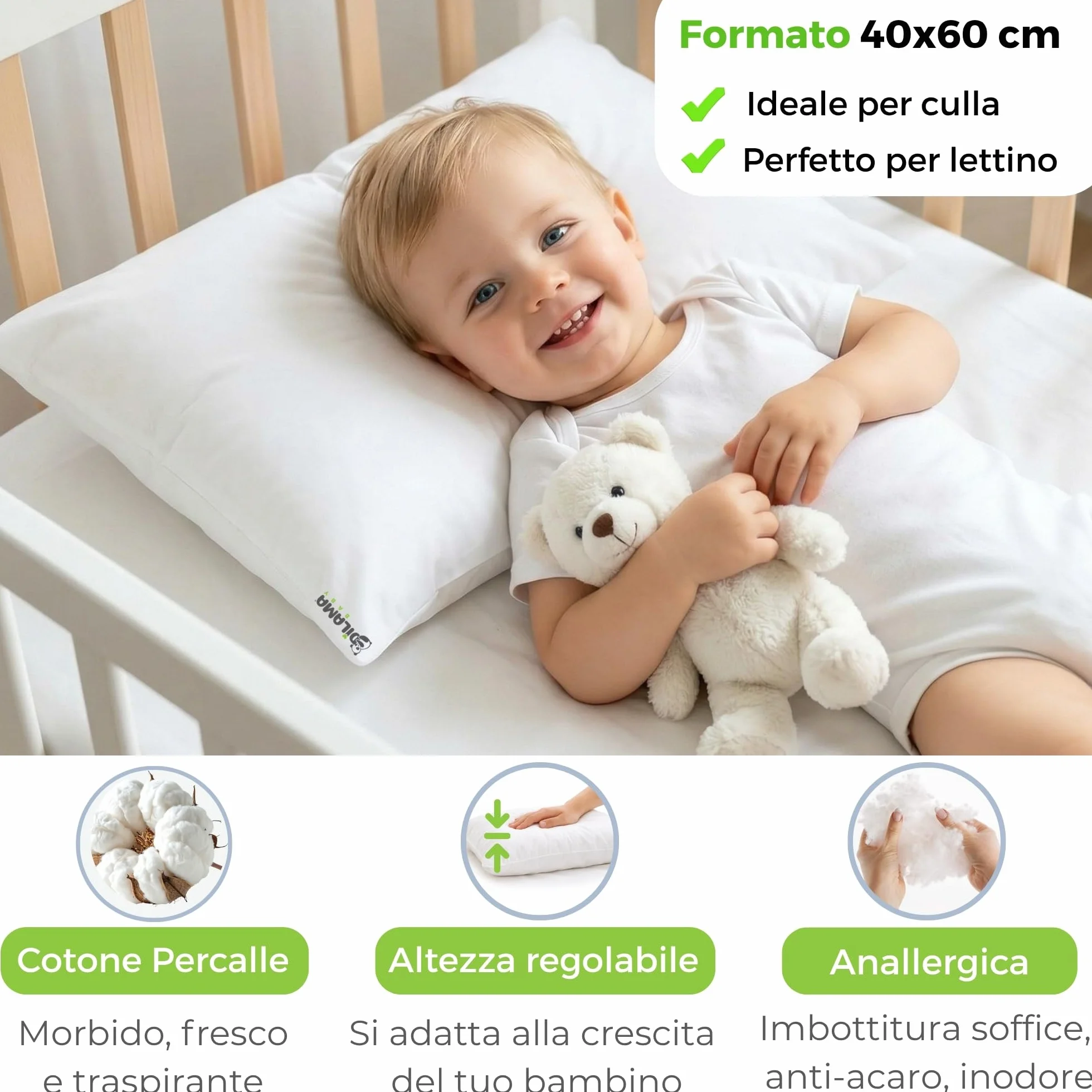 Dilamababy Cuscino Lettino Bambino 40x60 Regolabile in Altezza Anallergico Antiacaro Lavabile Federa Cotone Percalle Oeko Tex