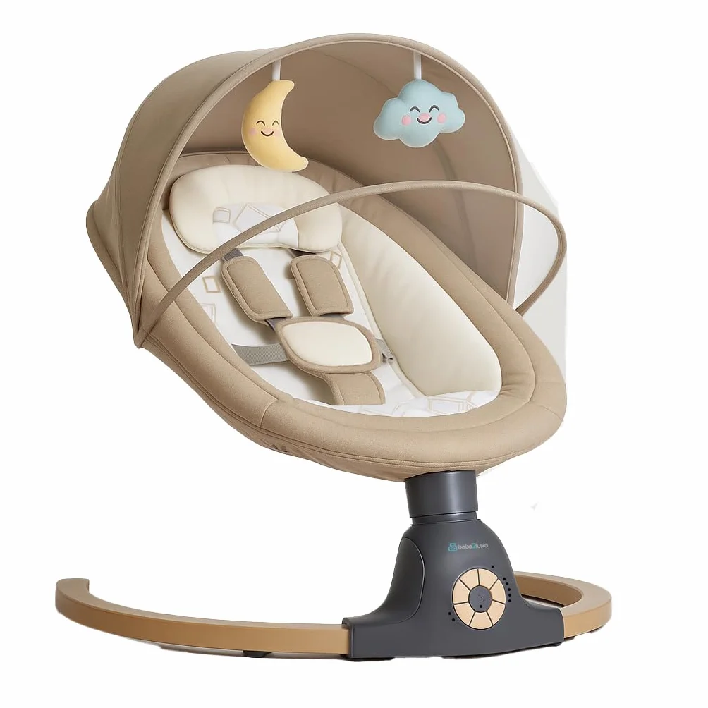 BEBE2LUXE AVA Sdraietta Dondolo Automatico Neonato 9 kg Altalena Elettrica Melodie Telecomando Timer Bluetooth Beige