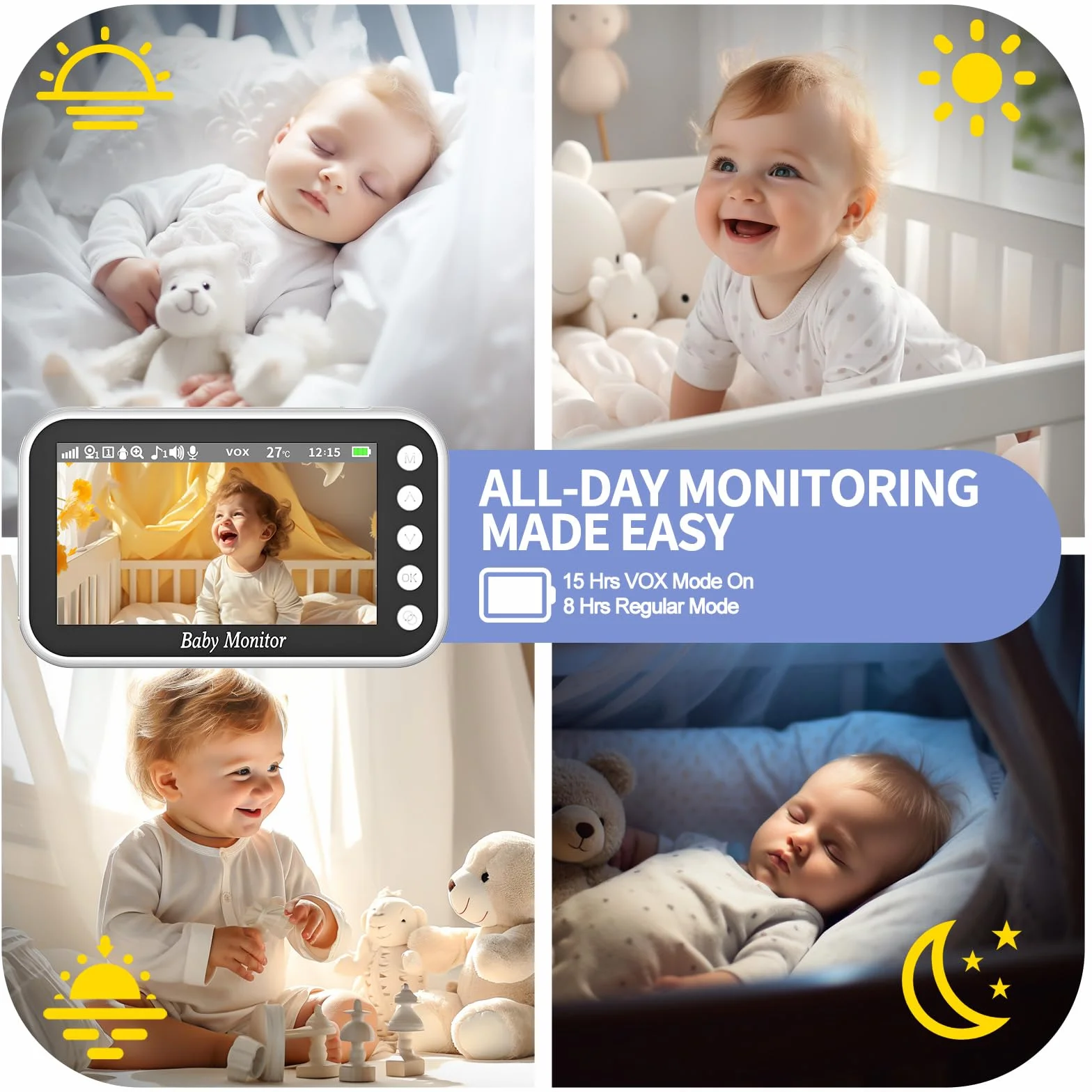 Baby Monitor Video e Audio 720P Display 4.3 Pollici Zoom Digitale VOX Audio Bidirezionale Rilevamento Temperatura