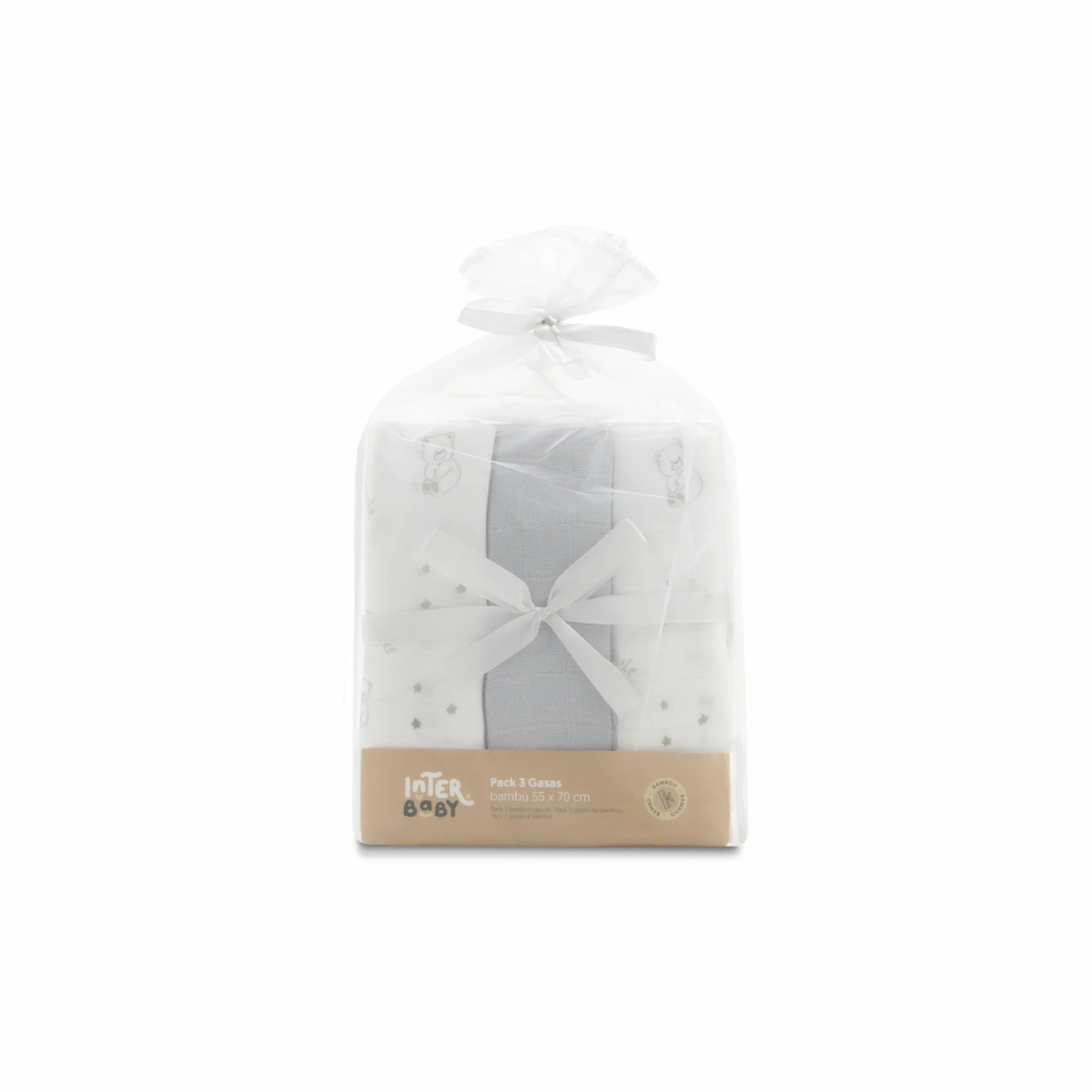 INTERBABY Set di 3 Mussole di Bambù BEAR grigio per neonati 55x70 cm