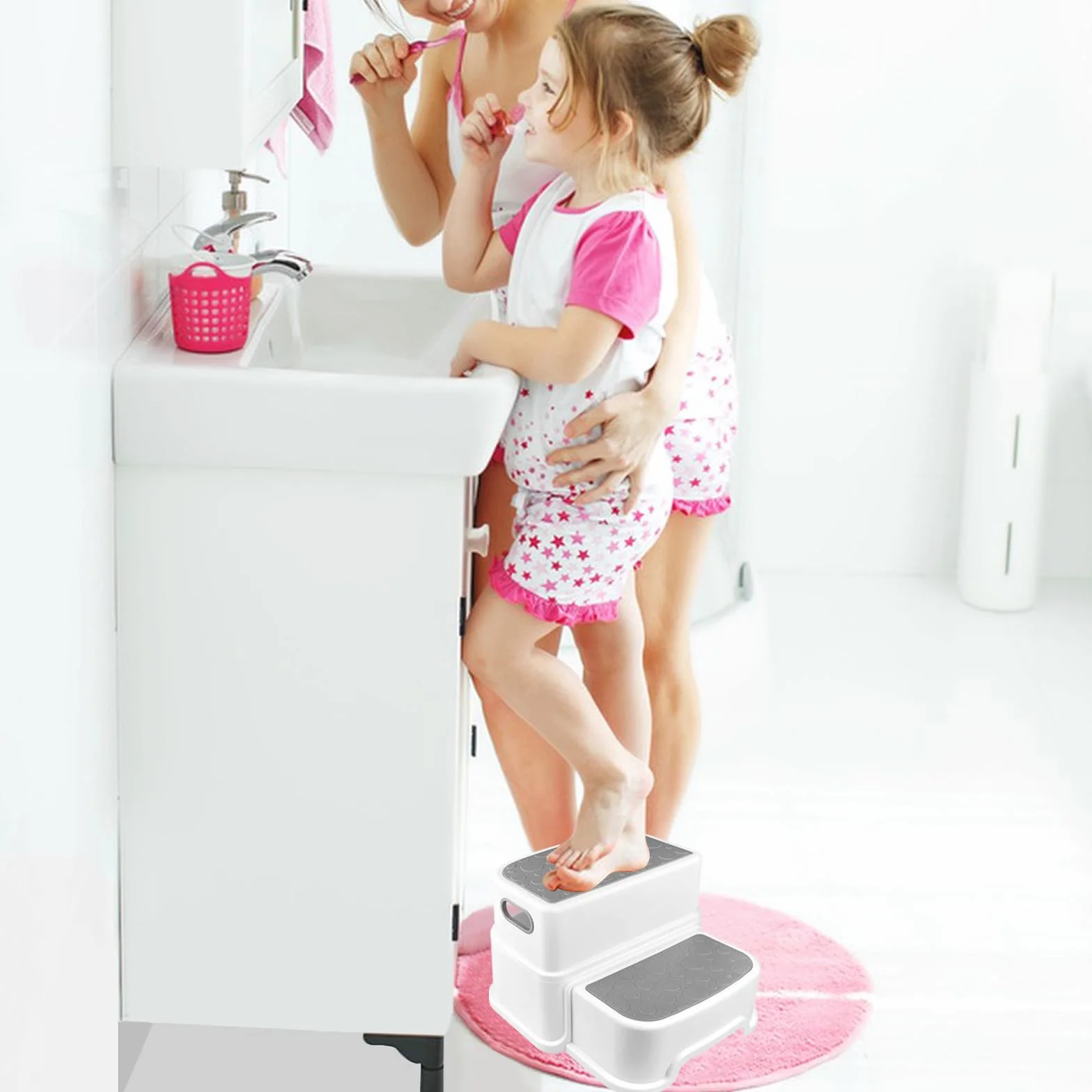 Maxentico Sgabello Bambini 2 Gradini Antiscivolo Scaletta WC Rimovibile Gradino Bagno Grigio