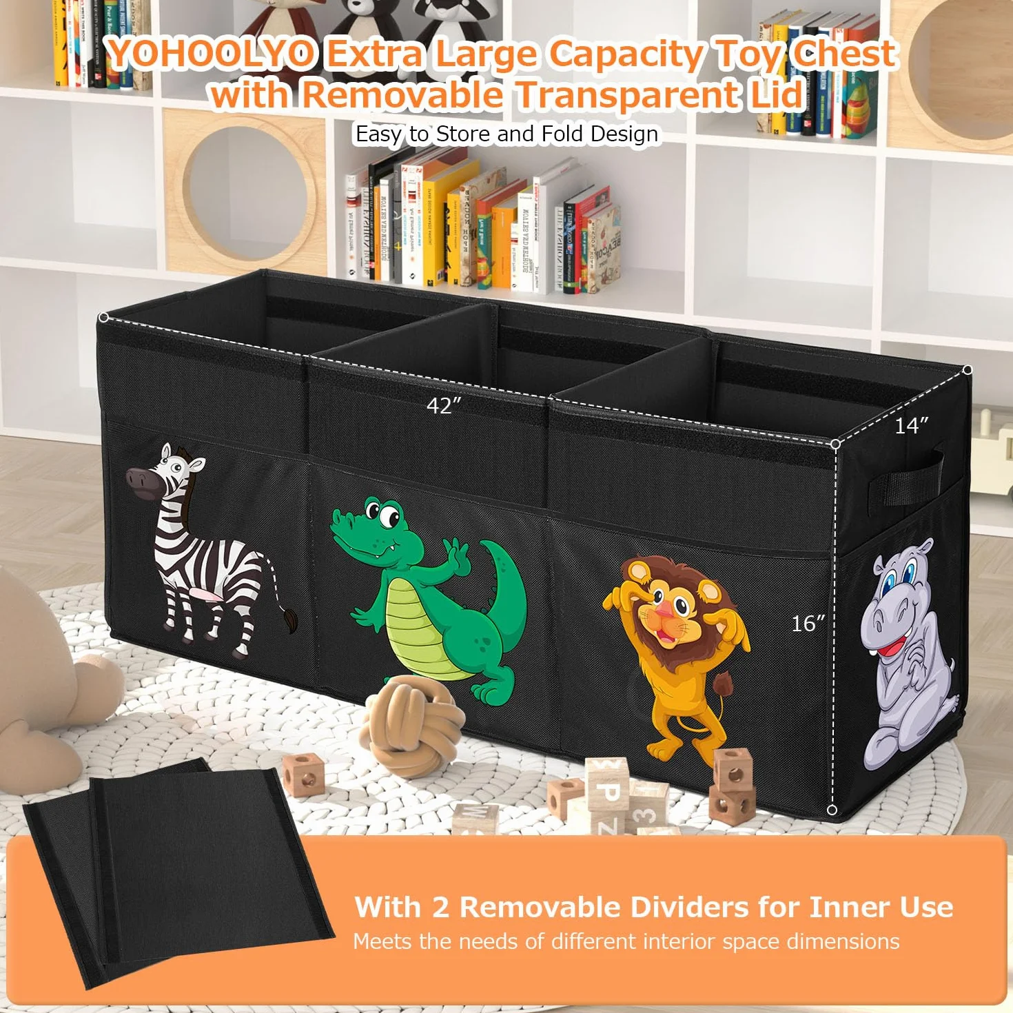 YOHOOLYO Porta Giochi Bambini Contenitori con Coperchio 123L, 94 x 41 x 32 cm Pieghevole