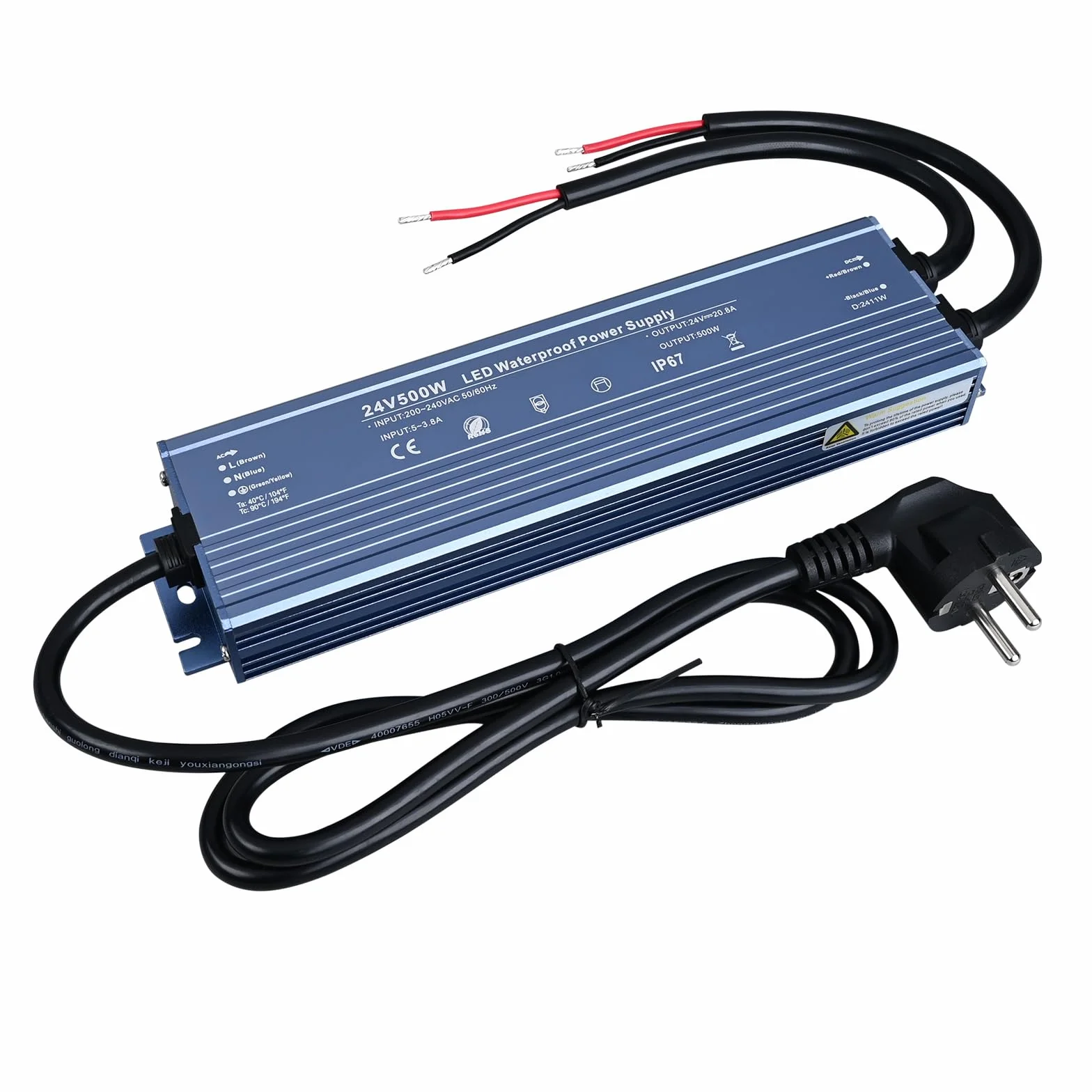 TOPAI Alimentatore 24V 500W CE IP67 Impermeabile, AC 200-240V a DC 24V 20.8A, per Illuminazione Professionale, Strisce LED, Proiettori, Faretto Esterno/Interno