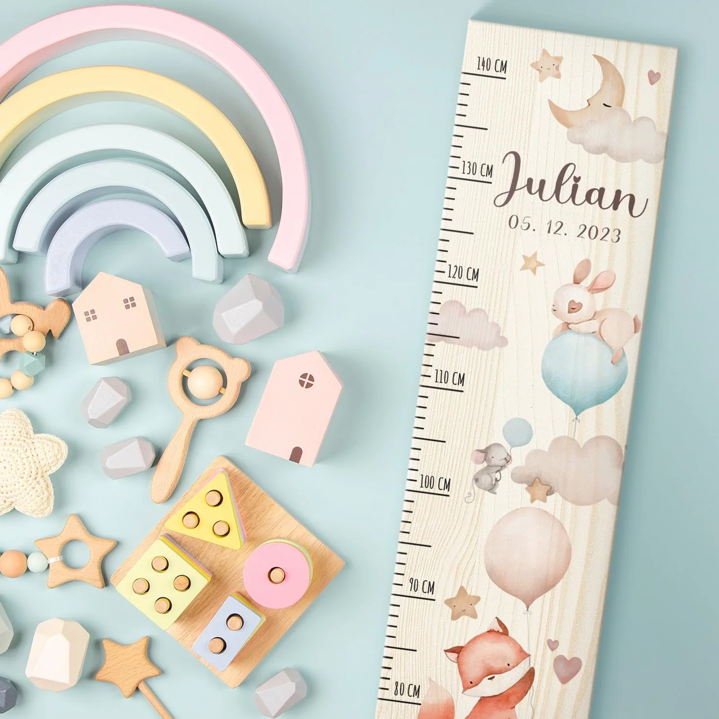 Metro per bambini in legno Palloncino Personalizzato 80-140 cm 20x70x2 cm Regalo nascita ragazze