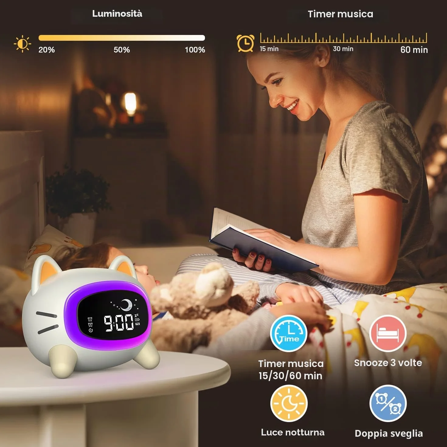 LEMNOI SG5 Sveglia per Bambini, 3 Luminosità 5 luce notturna 7 Musica, Sveglia Digitale per Bambini, Funzione di Ricarica, sveglia da comodino digitale, allenamento del sonno per i bambini (gatto)
