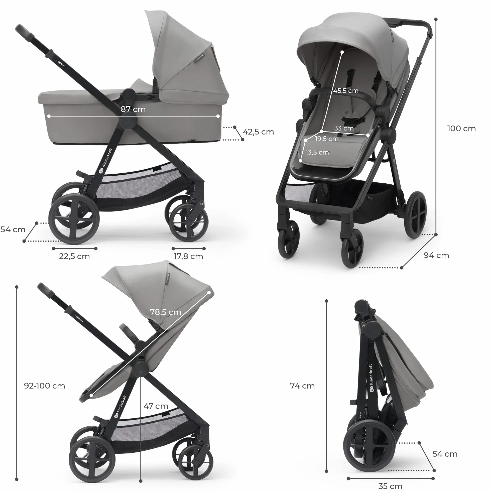 Kinderkraft 4 in 1 Trio Passeggino Neonati con Ovetto I-SIZE 40-75 cm, Base ISOFIX, Travel System, UPF50+, Grigio