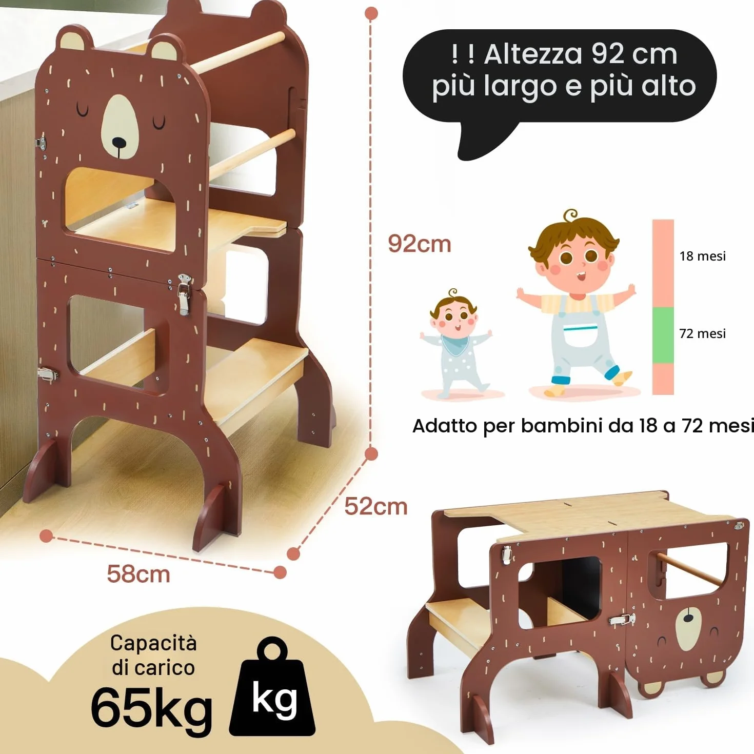 Labebe Torre Montessoriana Pieghevole in Legno 3 w 1 z Lavagna Orso Bruno