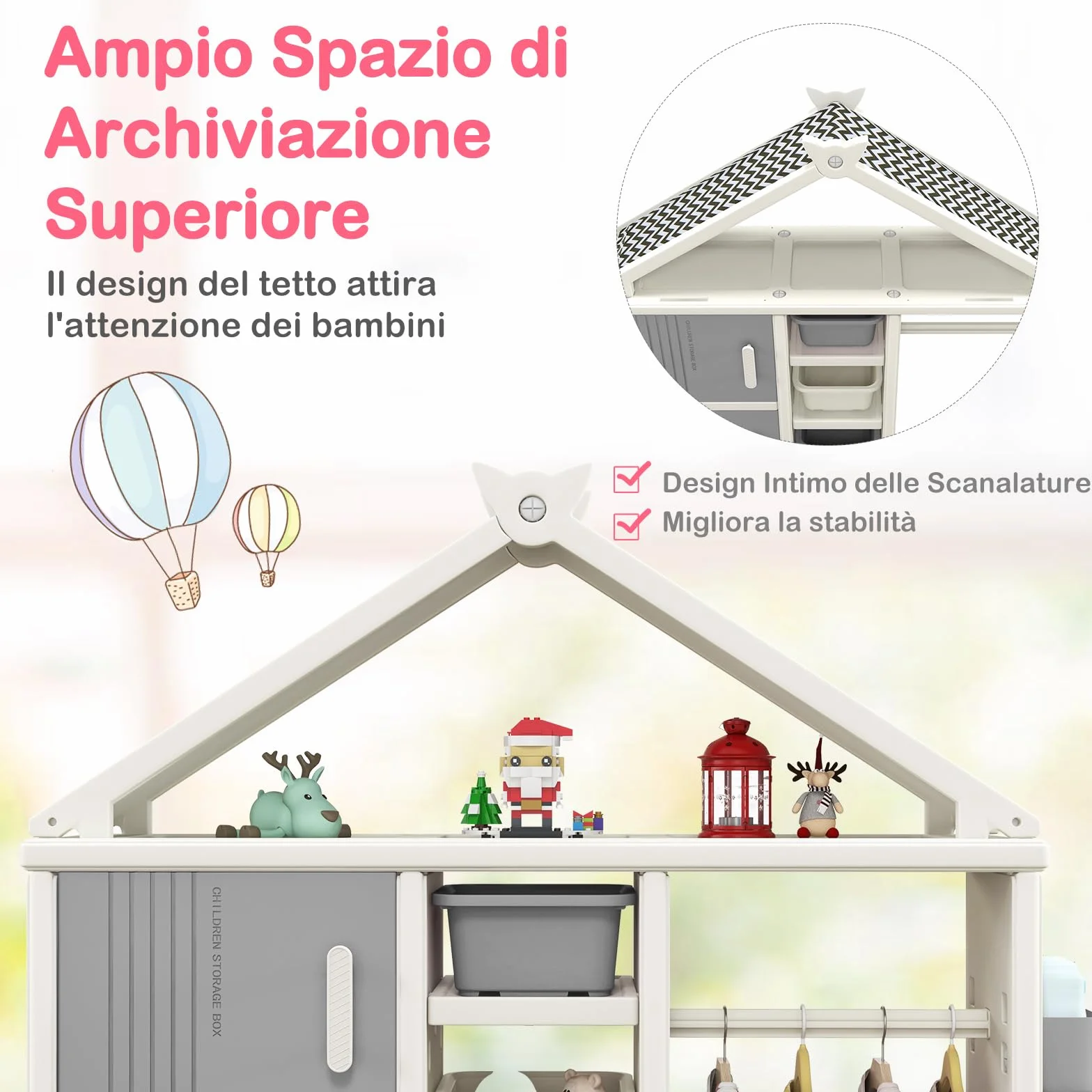 RELAX4LIFE Armadio Guardaroba Bambini 34x130x156 cm Grigio con Barra Appendiabiti 4 Scatole 3 Scomparti