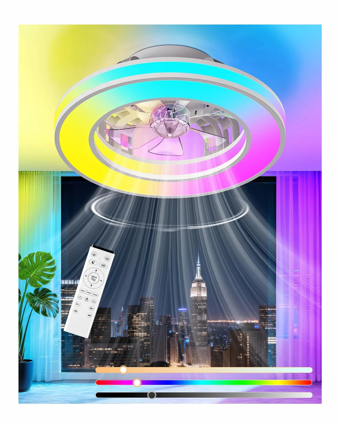 Ventilatore da Soffitto con Luce, Motore DC Silenzioso Lampadario Ventola LED Dimmerabile 3000K-4000K-6500K-RGB, 6 Velocità Plafoniera Ventilatore con Telecomando per Camera da Letto, Cucina