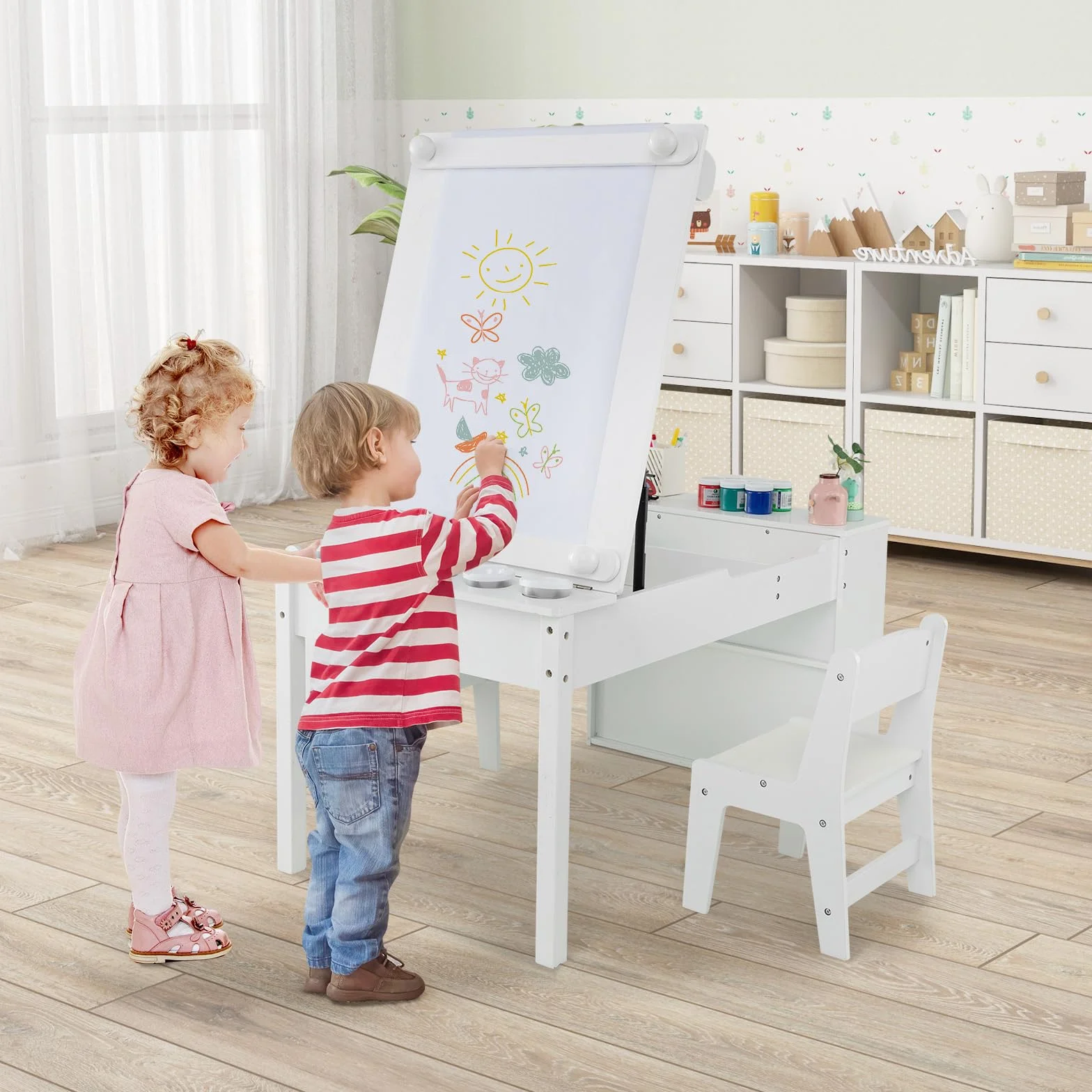 RELAX4LIFE Tavolo D'arte per Bambini con 2 Sedie, Legno, Piano Sollevabile, 6 Cassetti, 4 Tazze Pittura