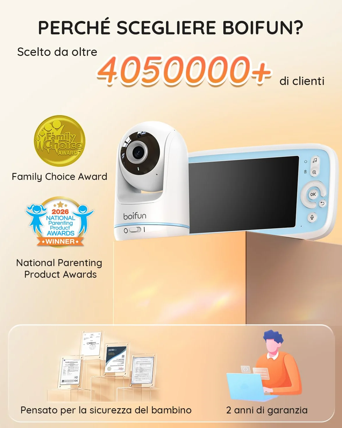 Boifun Baby Monitor 360° HD, Schermo IPS 5", Audio Bidirezionale, Rilevamento Temperatura, Batteria 3050mAh, Zoom 3X, Visione Notturna, Modalità VOX, Ninne Nanne
