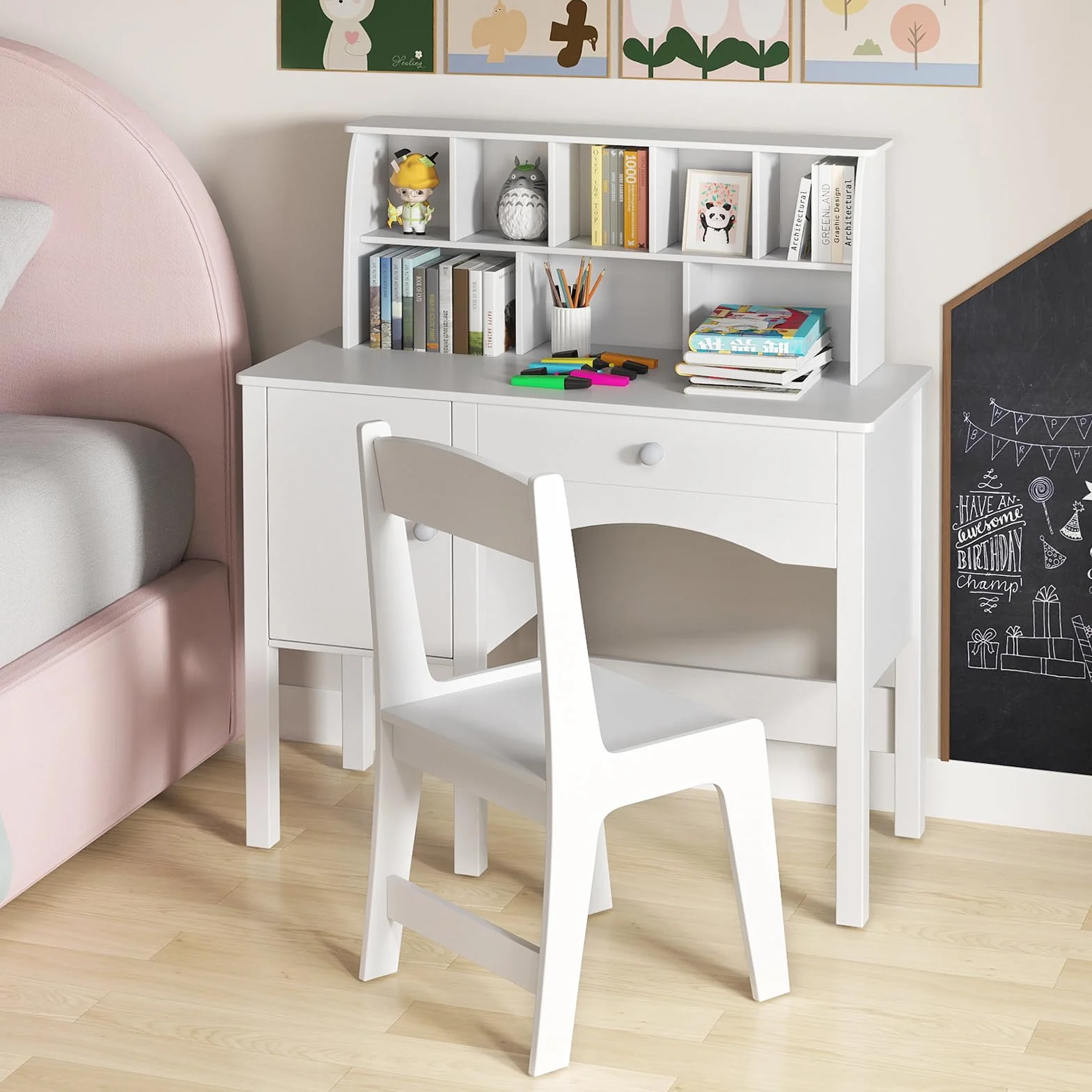 RELAX4LIFE Set Tavolo e Sedia per Bambini, Scrivania da Studio con Scaffale e Armadio, Bianco