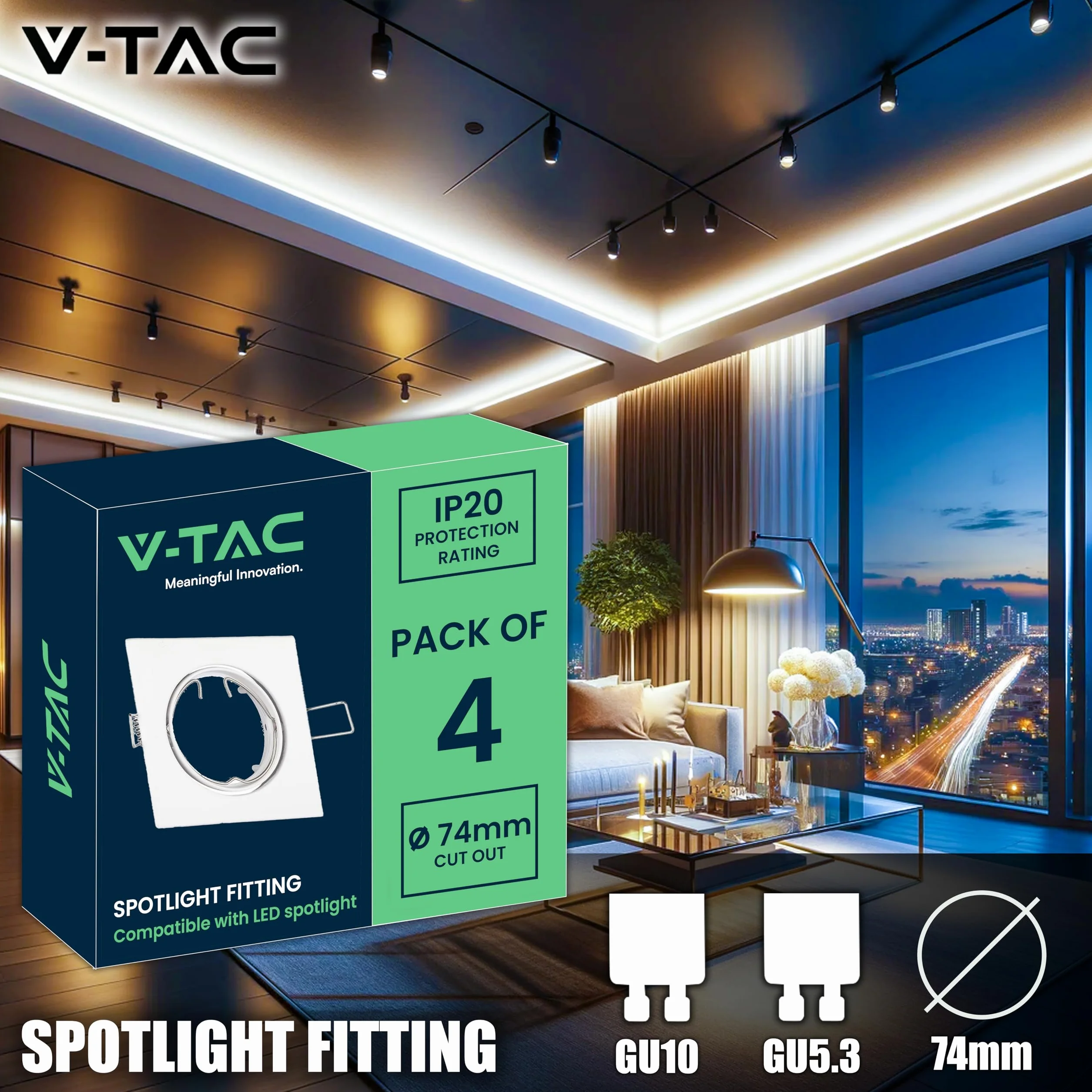 V-TAC 4x Portafaretto LED da Incasso Orientabile in Allumimnio per Faretto GU10-4 Pezzi - Sezione Incasso 74 mm - Cornice Quadrata da Lampadina per Cartongesso, Legno, Mensole, Casa -
