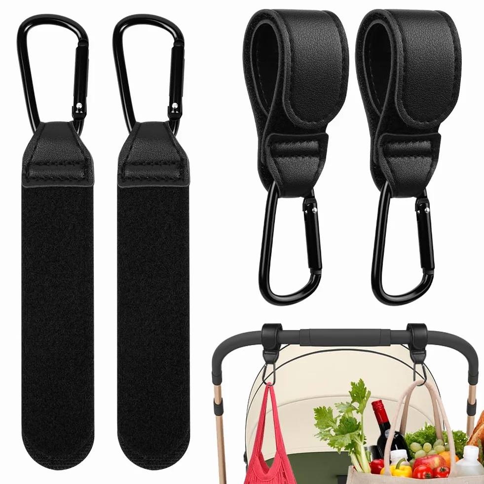 Ganci Passeggino Universali 4 Pezzi Nero Antiscivolo Fino a 5 kg Accessori in Pelle