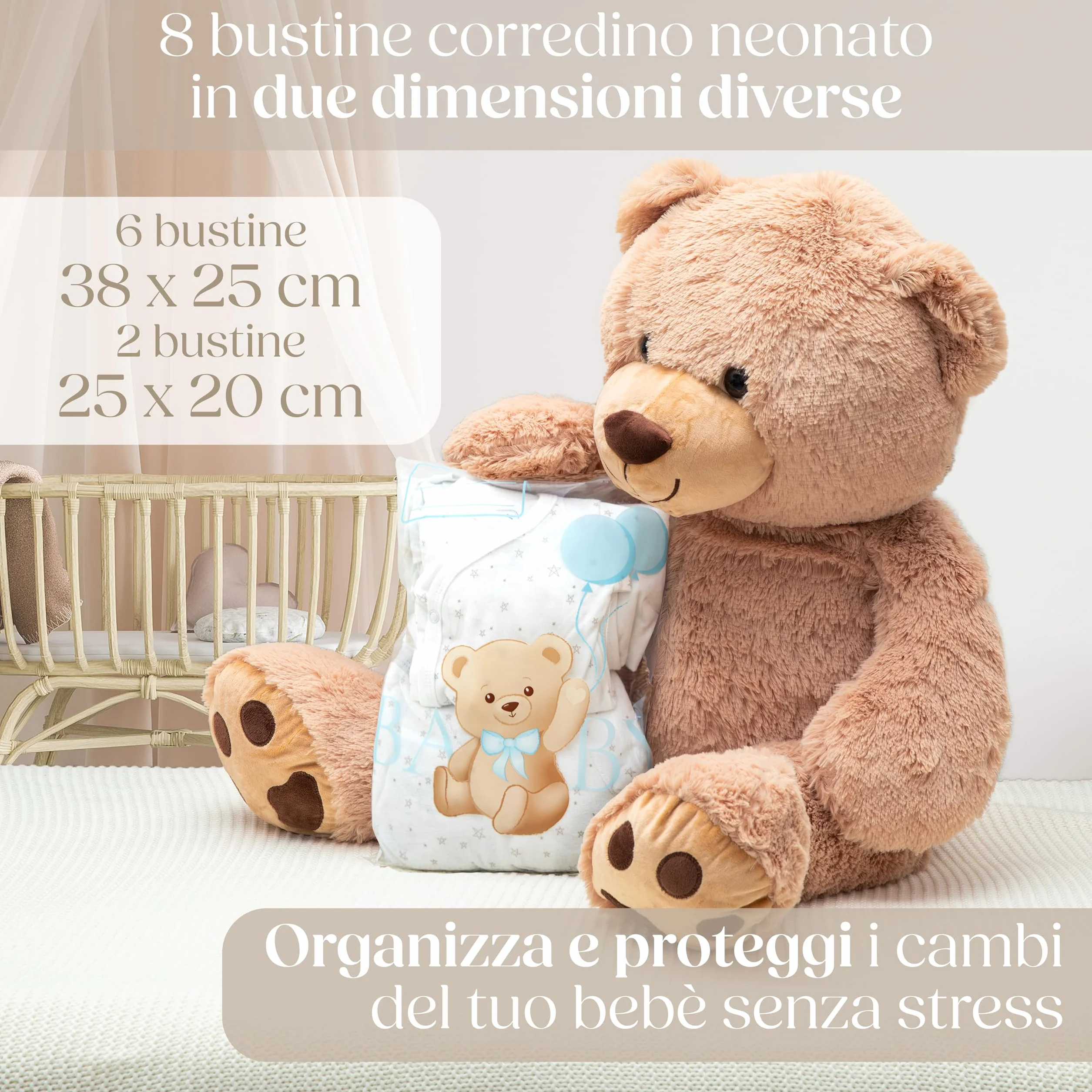 Wellode 8 Bustine Corredino Neonato Ospedale Teddy Bear, 6 Grandi e 2 Piccole - Sacchetti Cambio Neonato Riutilizzabili per Asilo e Viaggi - Idea Regalo Nascita Baby Shower
