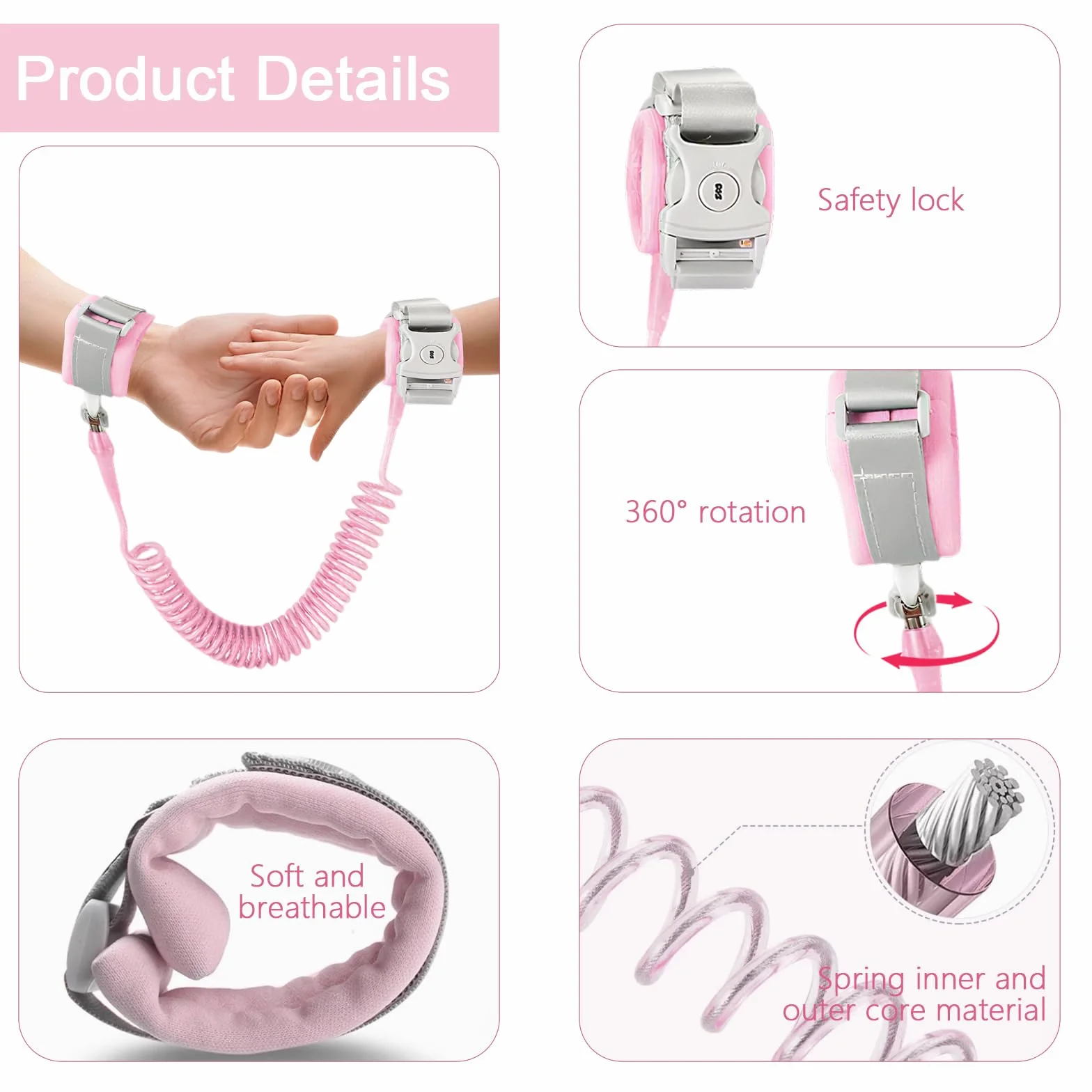 Guinzaglio per bambini 2,5M con chiave Braccialetto anti-perso regolabile 360° Rosa