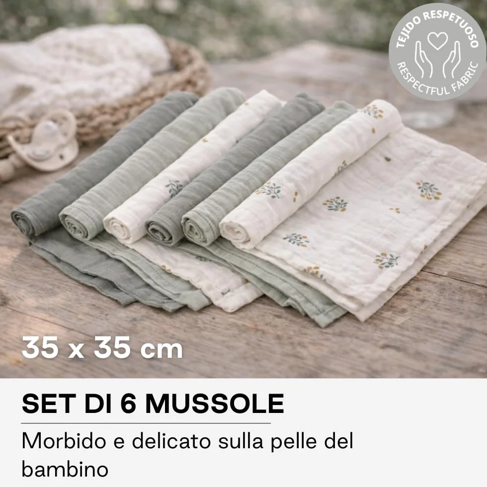 Jané Set 6 Mussole Neonato 35x35 cm Cotone e Bambù Naturale Verde