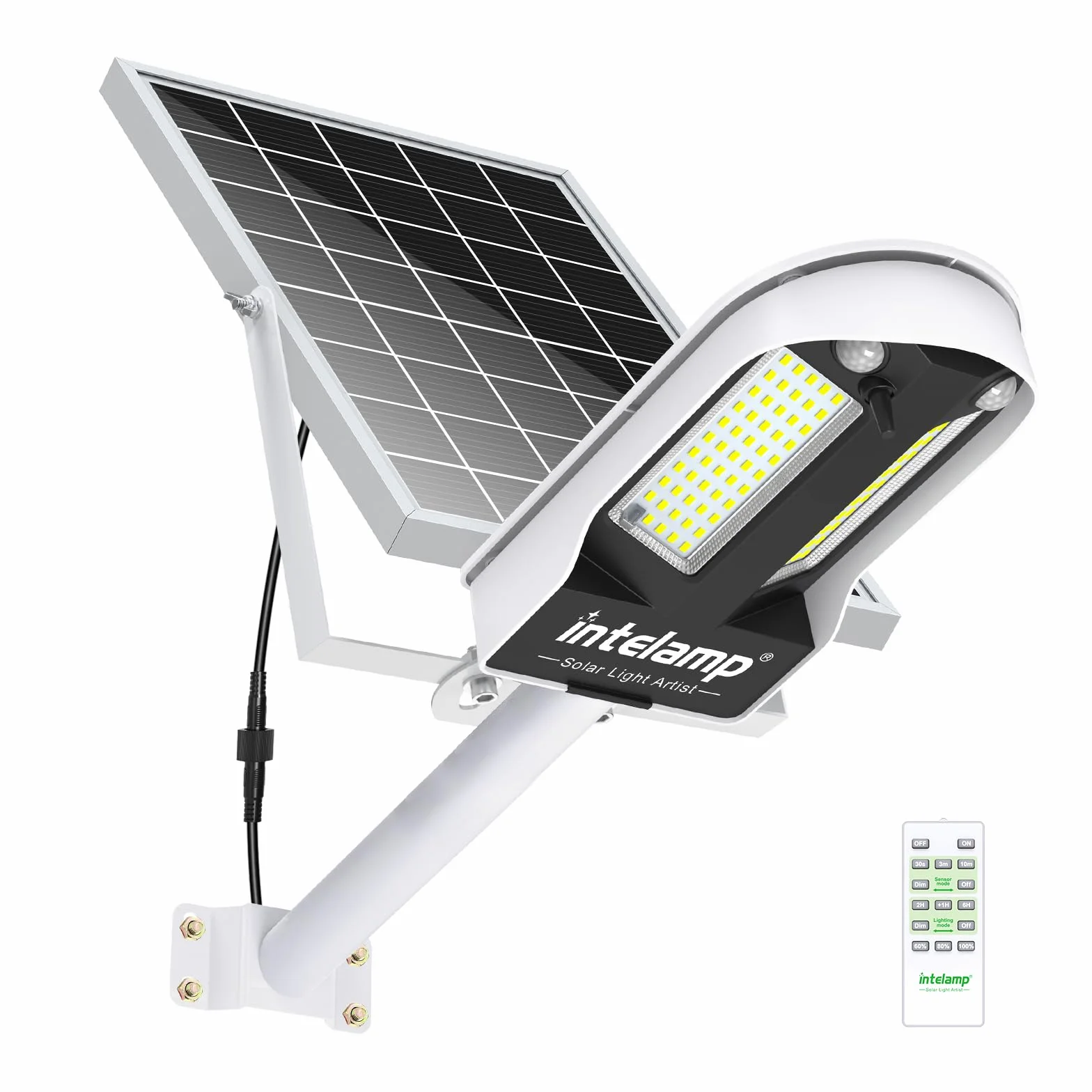 INTELAMP Lampione Solare LED Esterno, 12500mAh 3000LM Faro Con Pannello Solare da Esterno, IP65 Impermeabile Faretto LED con Sensore di Movimento, Luci da Esterno per Giardino, Terrazza, Garage
