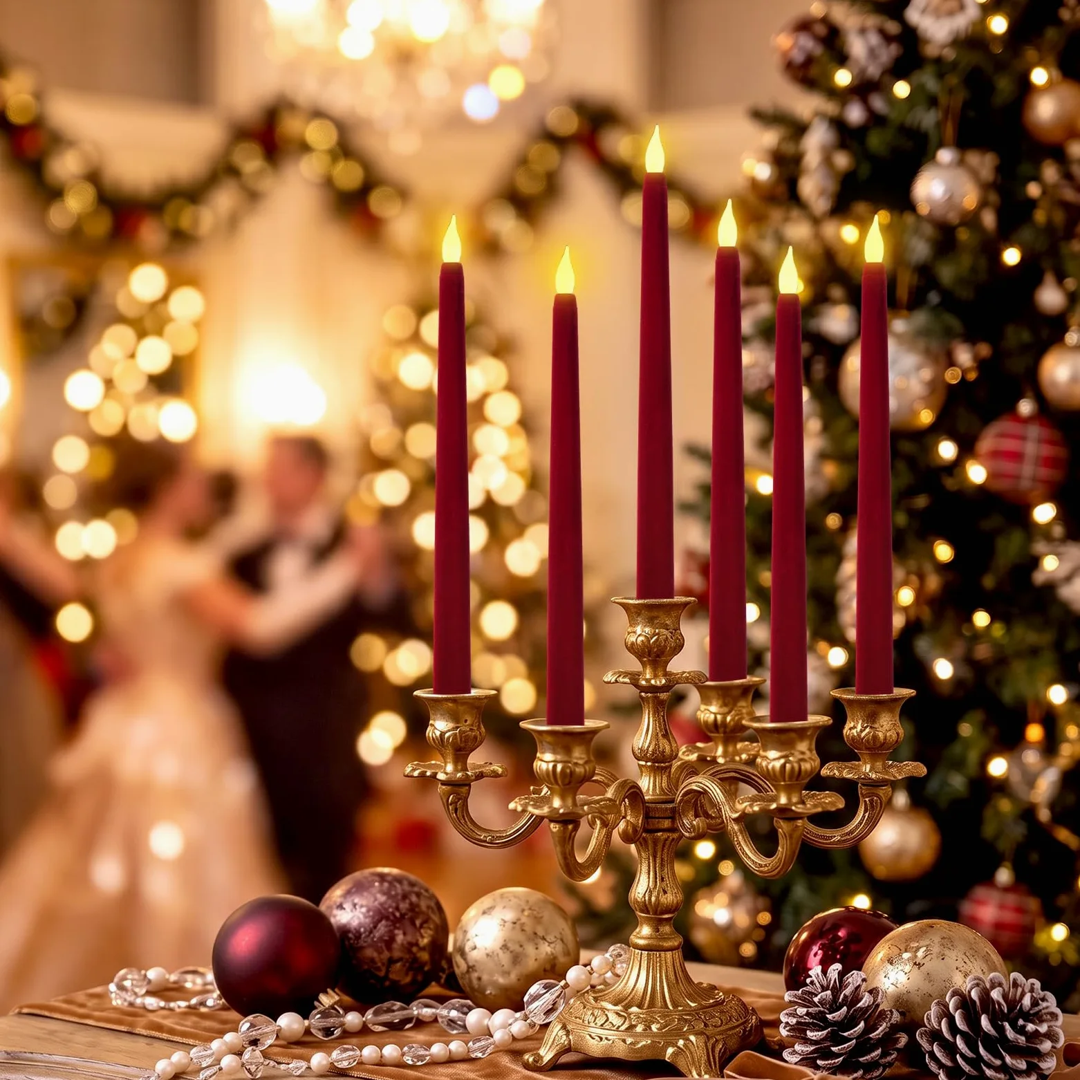 Tujoe 6 pz bordeaux LED velluto cono candele timer telecomando Natale | Design a batteria senza fiamma, effetto tremolante, telecomando con timer, texture vellutata per caminetti, tavoli