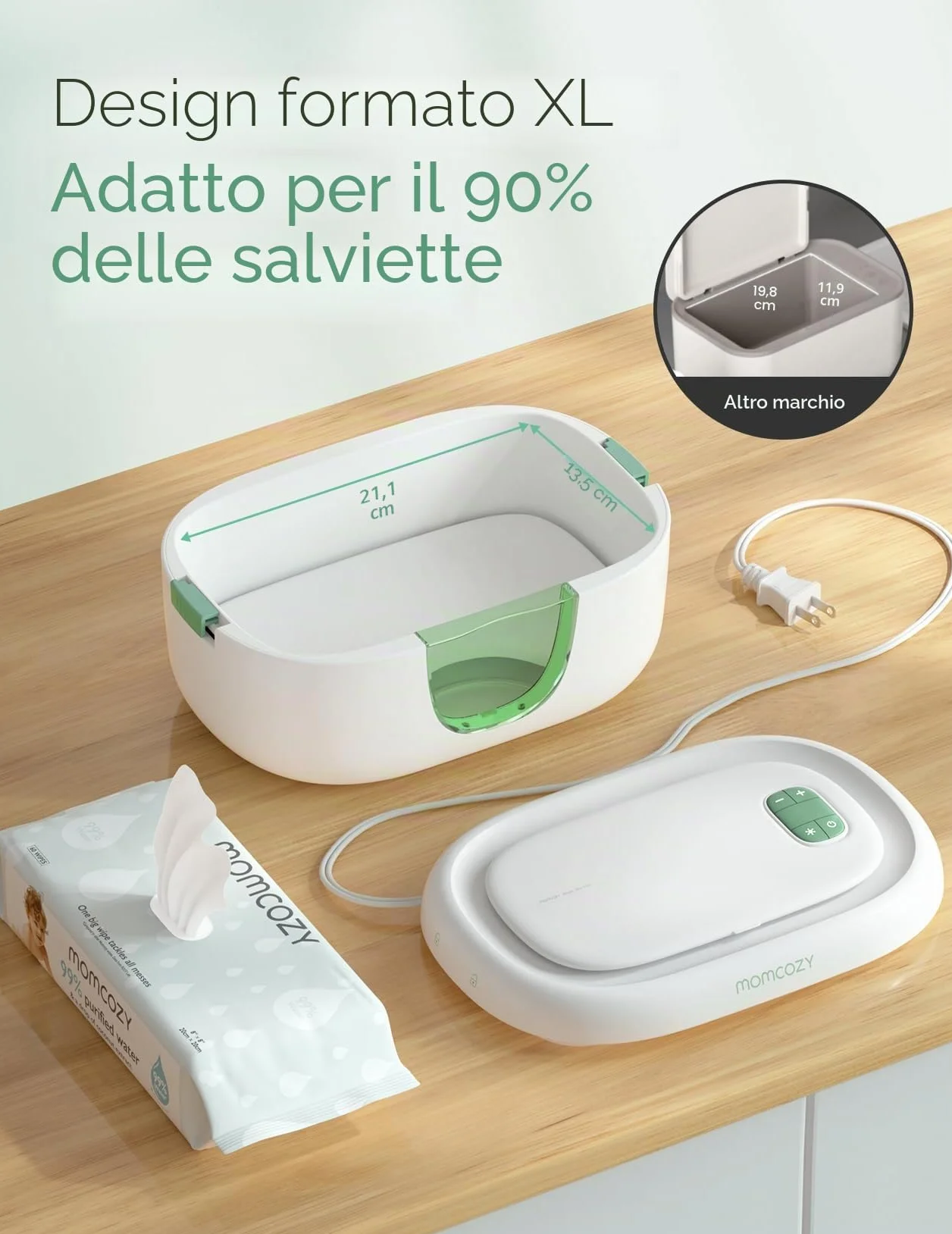 Momcozy Scalda Salviette Neonato, Dispenser Salviettine Grande Capacità, Riscaldamento Rapido Uniforme, 4 Livelli Temperatura, Luce Notturna