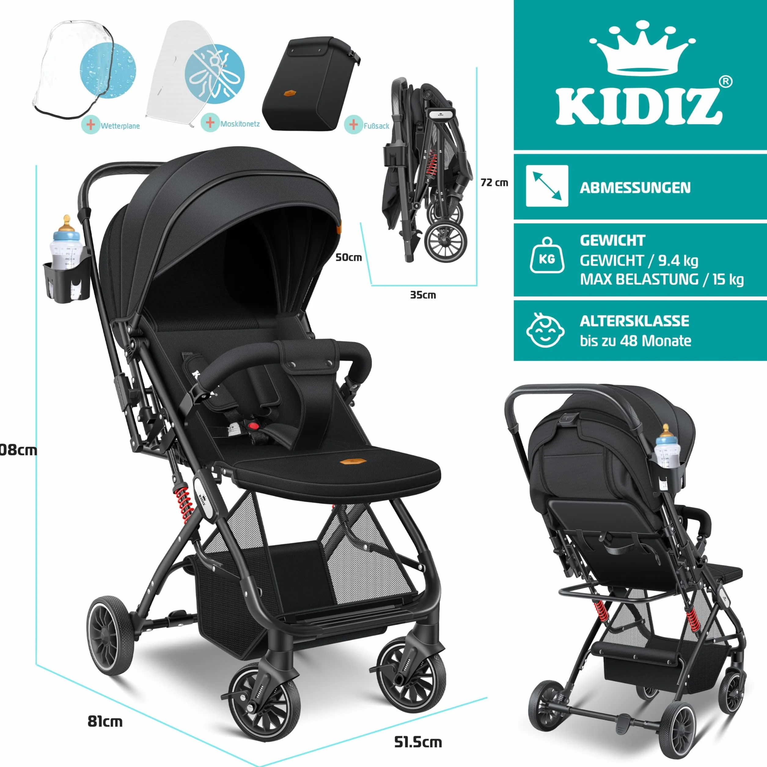 KIDIZ Passeggino Pieghevole per Bambini Sportivo con Ruote 360° Cinghia 5 Punti Sacco a Piedi Copertura Antipioggia