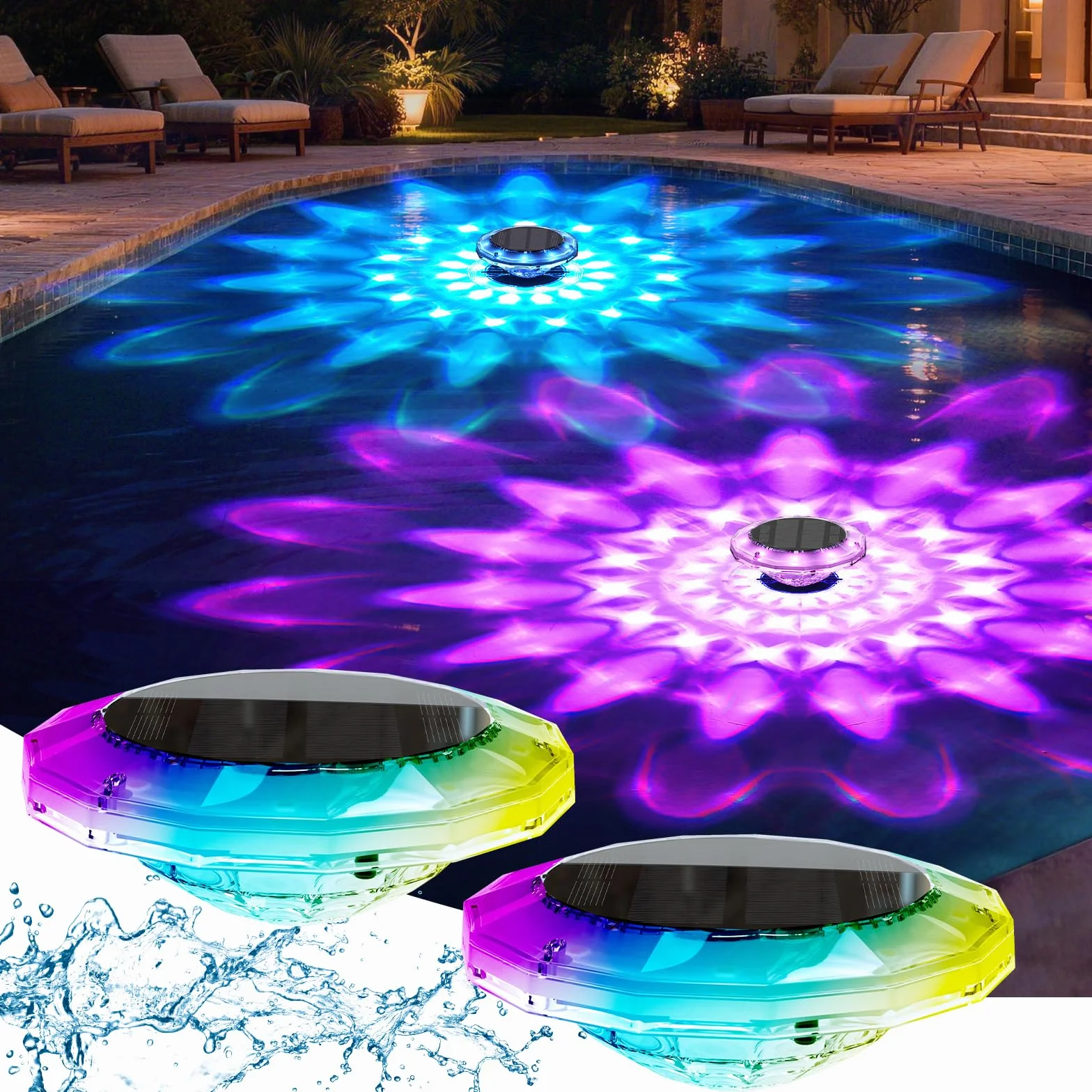 Quntis Luci Piscina Solari Galleggianti IP68 Impermeabili Illuminazione Solare Piscina con Telecomando, Luci per Piscina LED RGBCW Luce per Esterno Laghetto Festa 2 Pezzi