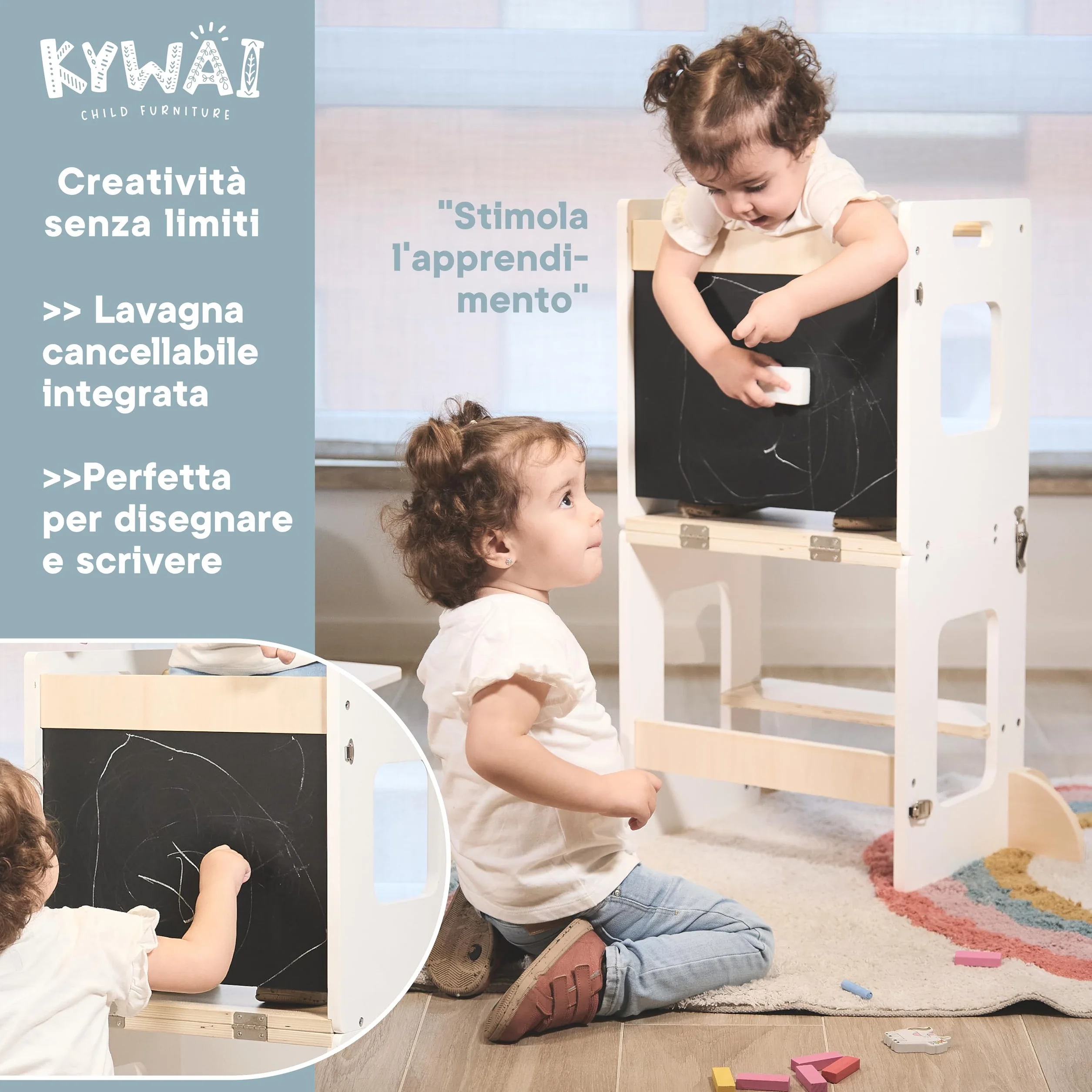 Torre Montessoriana Bambini 3 in 1 con Lavagna e Gambe di Sicurezza Scrivania Pieghevole Legno Sostenibile